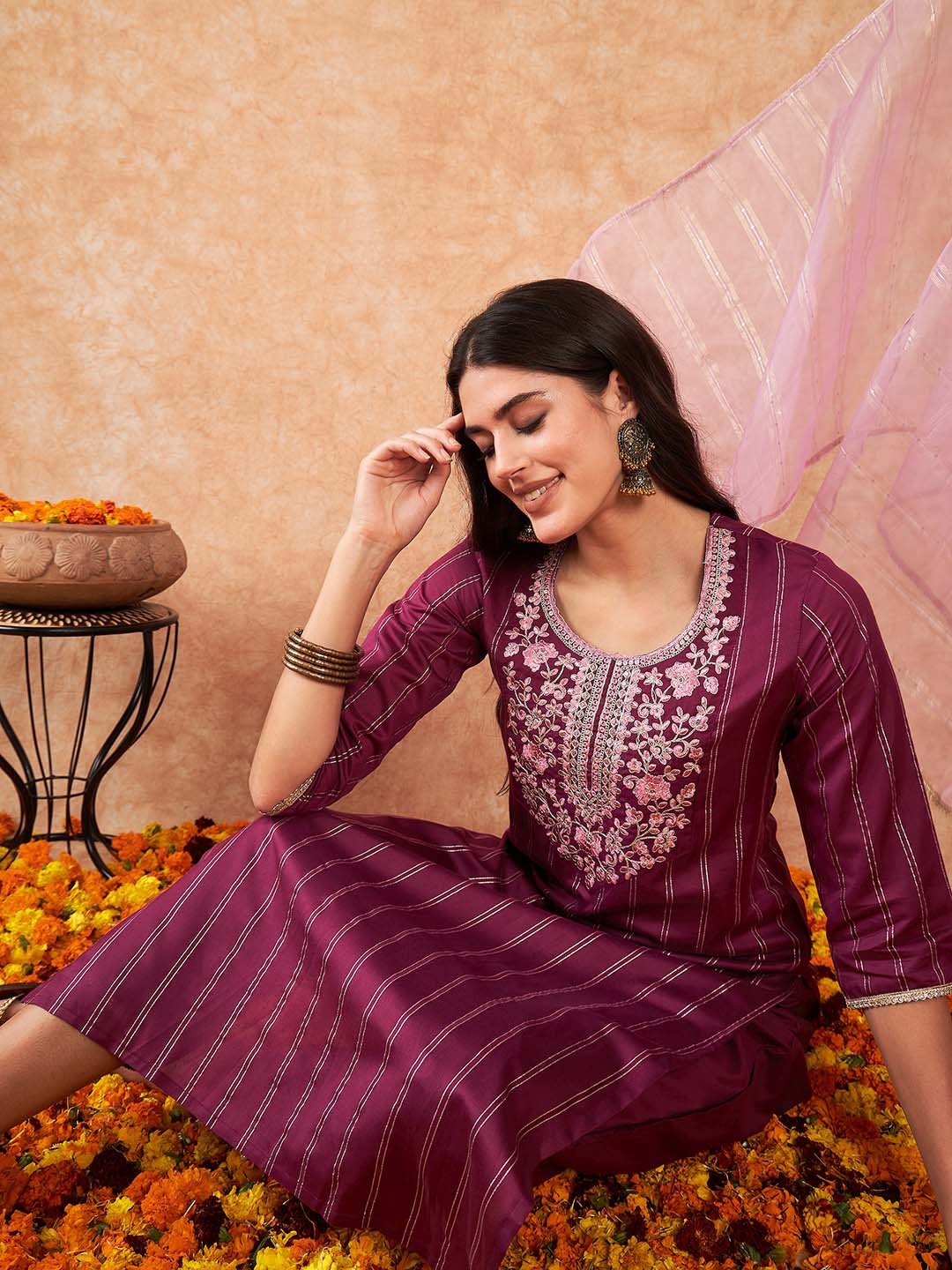 

Indo Era Women Floral Embroidered Thread Work Liva Kurta with Trousers & With Dupatta, Burgundy