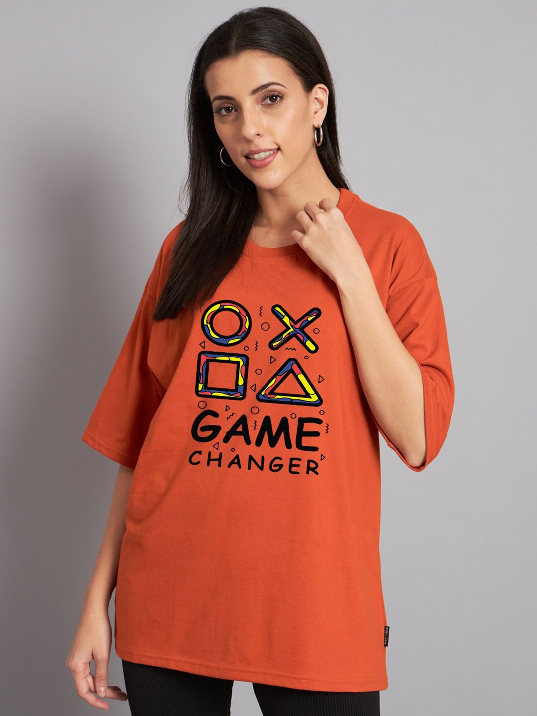 

Imsa Moda Typography Printed Drop-Shoulder Sleeves Cotton Longline Oversized T-shirt, Orange