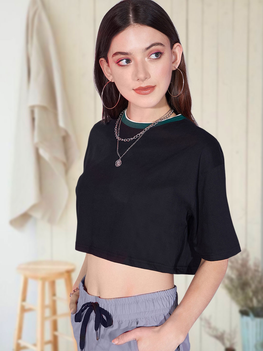 

Roadster Drop-Shoulder Sleeves Pure Cotton Crop Boxy T-shirt, Black