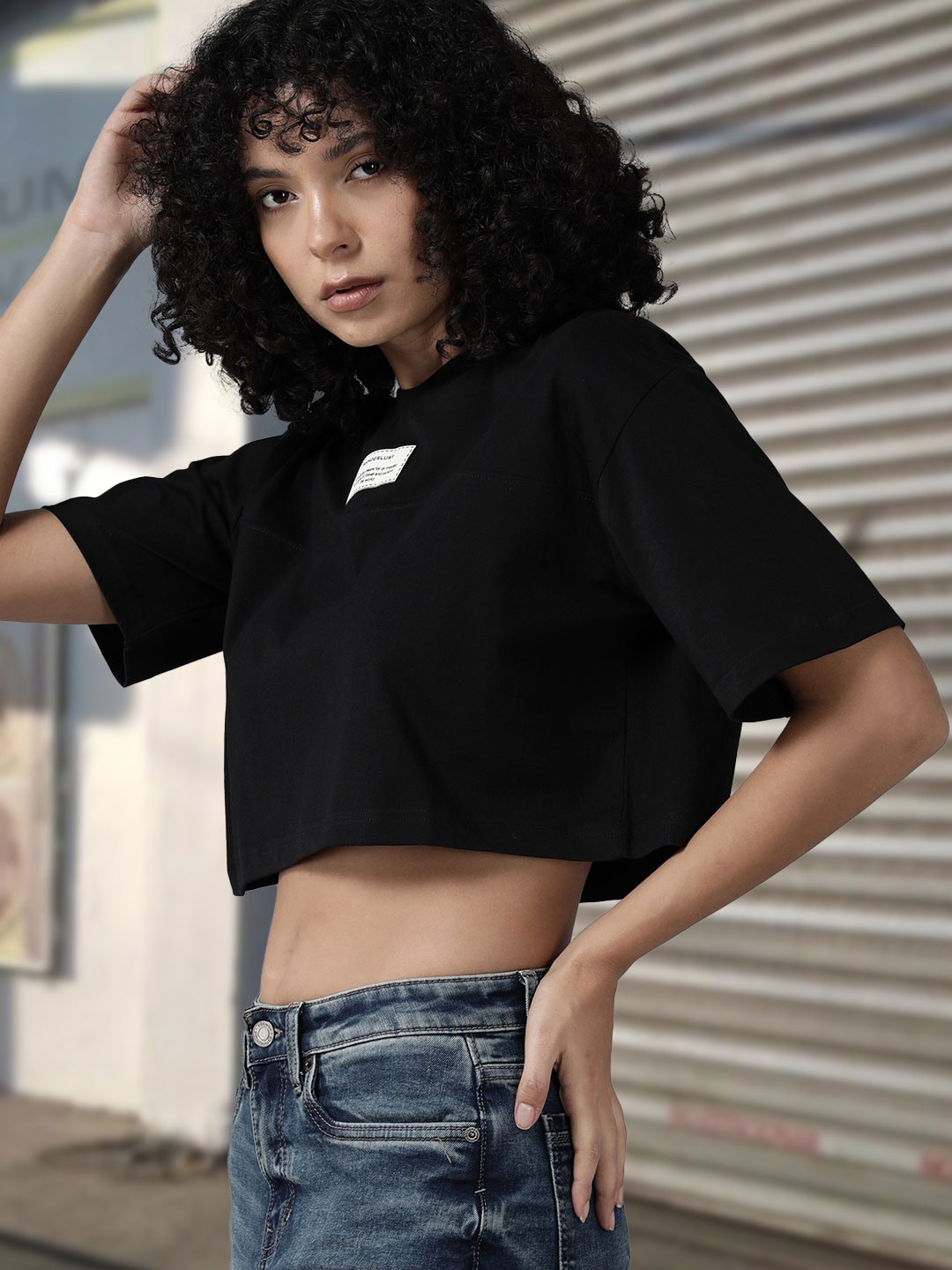 

Roadster Typography Printed Drop-Shoulder Sleeves Applique Pure Cotton Crop Boxy T-shirt, Black
