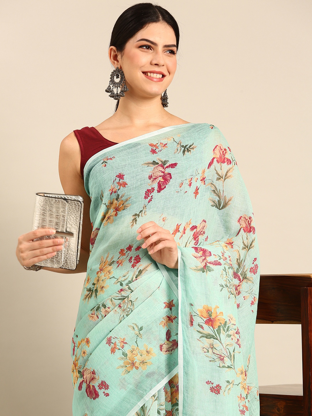 

Simaaya Floral Kota Saree, Turquoise blue