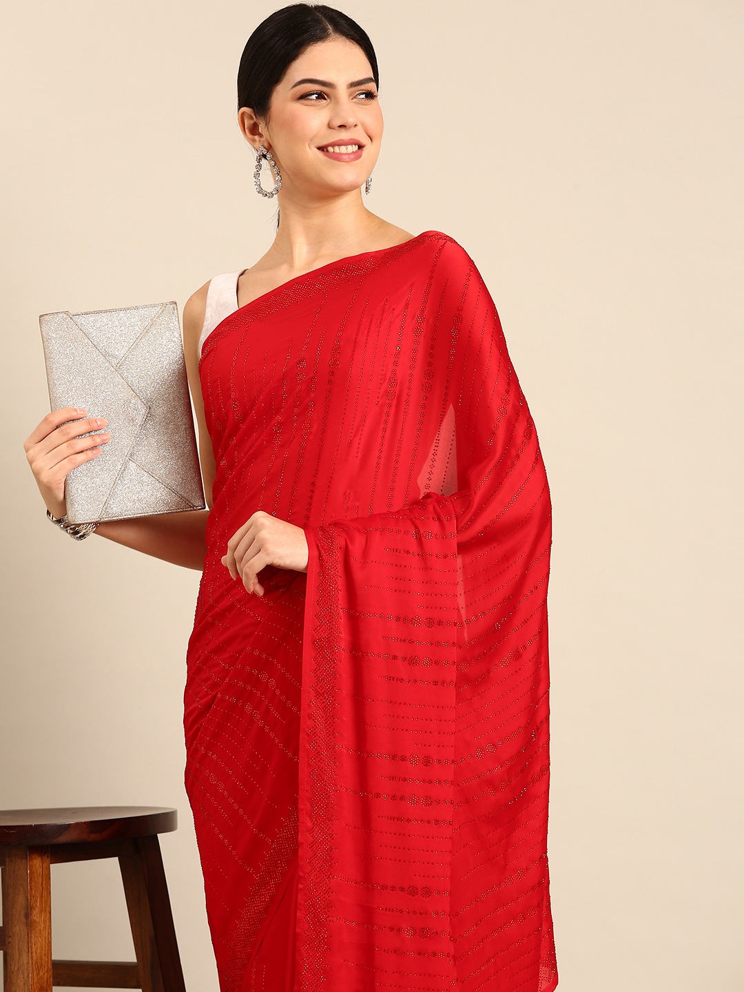 

Simaaya Embellished Beads and Stones Satin Saree, Red