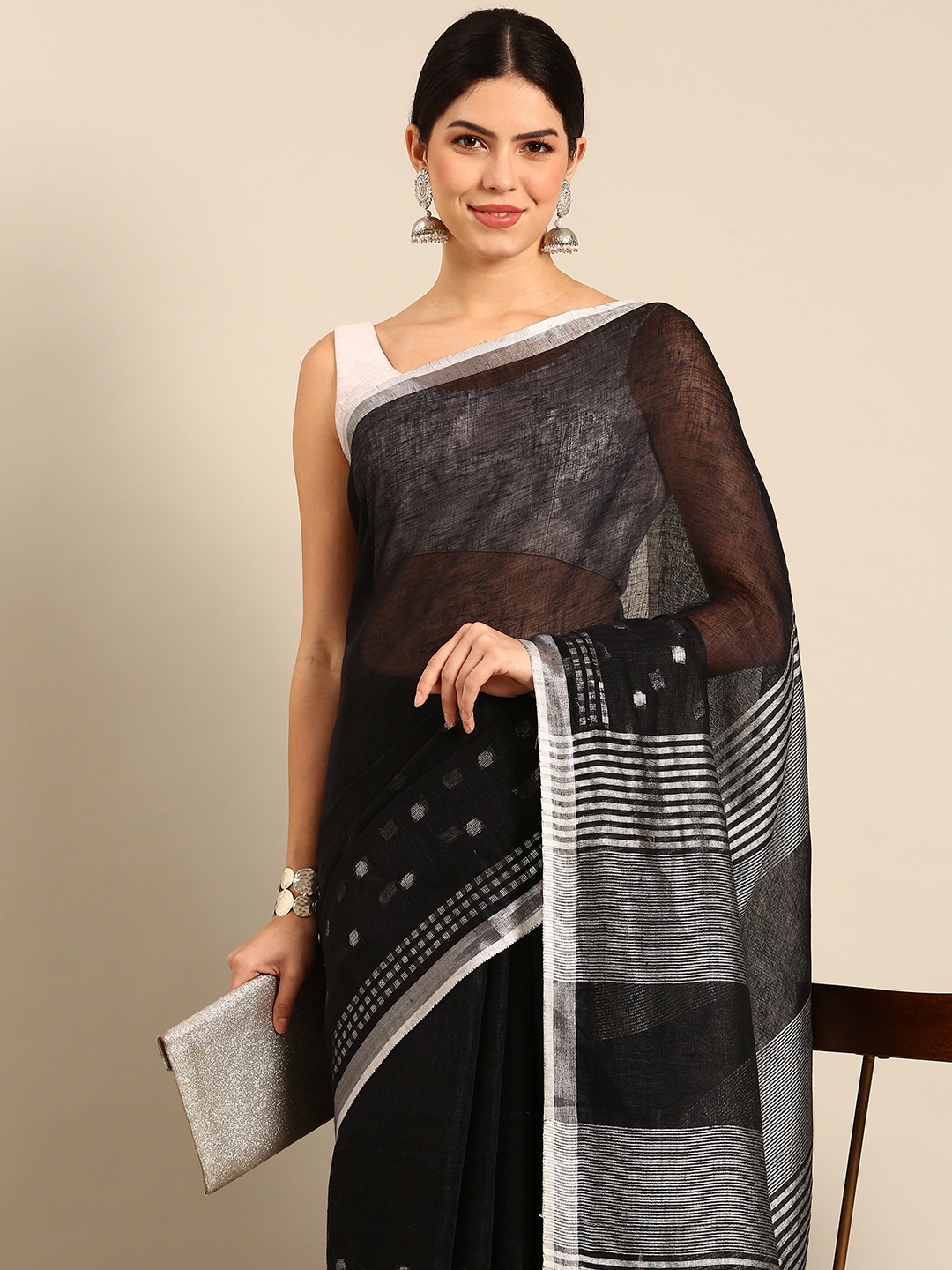 

Simaaya Woven Design Zari Pure Cotton Khadi Saree, Black