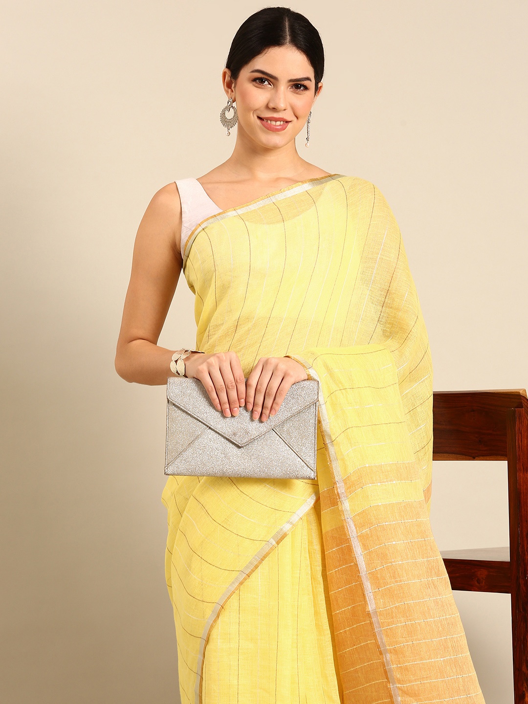 

Simaaya Striped Zari Pure Cotton Khadi Saree, Yellow