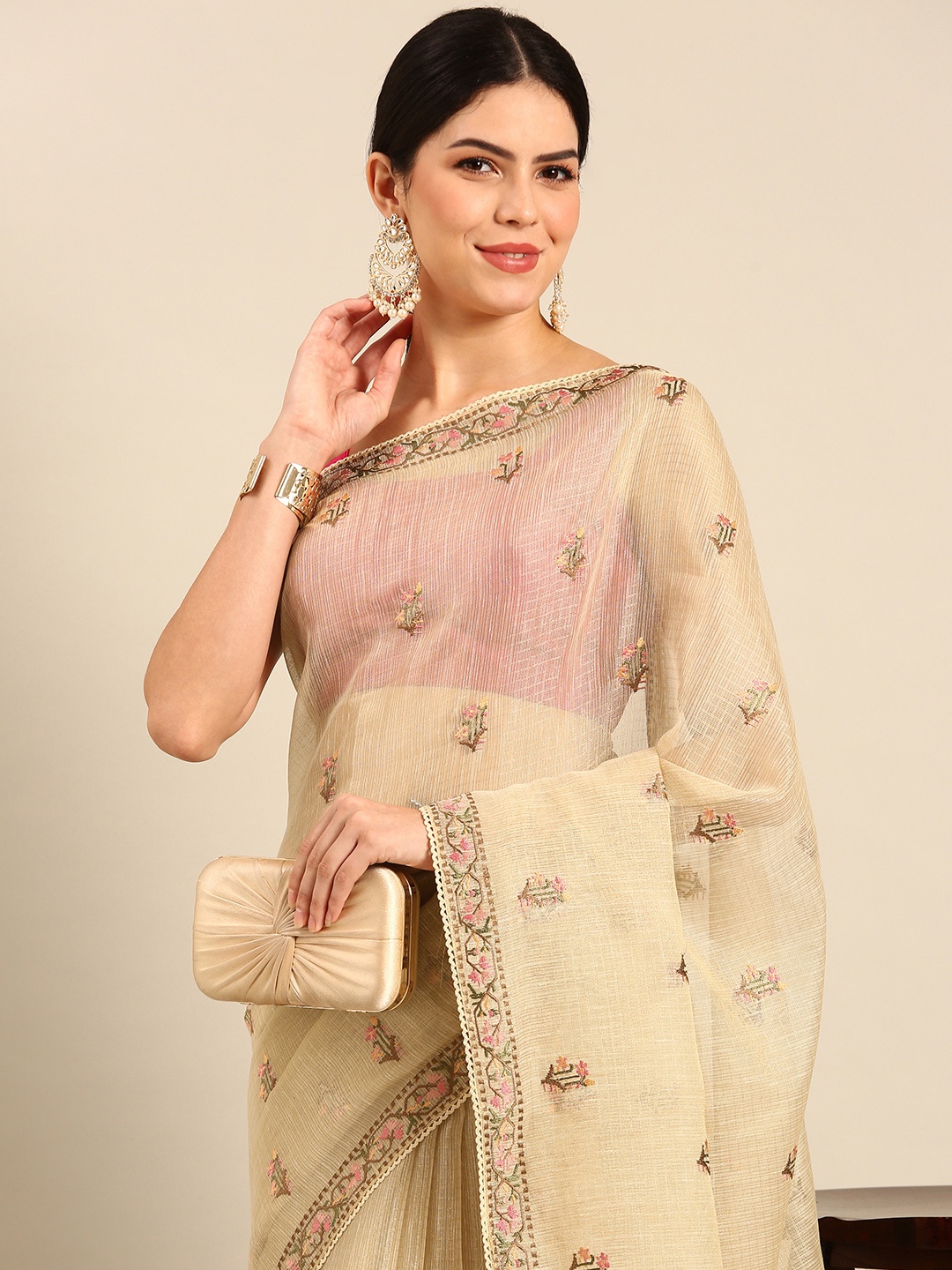 

Simaaya Floral Embroidered Kota Saree, Beige