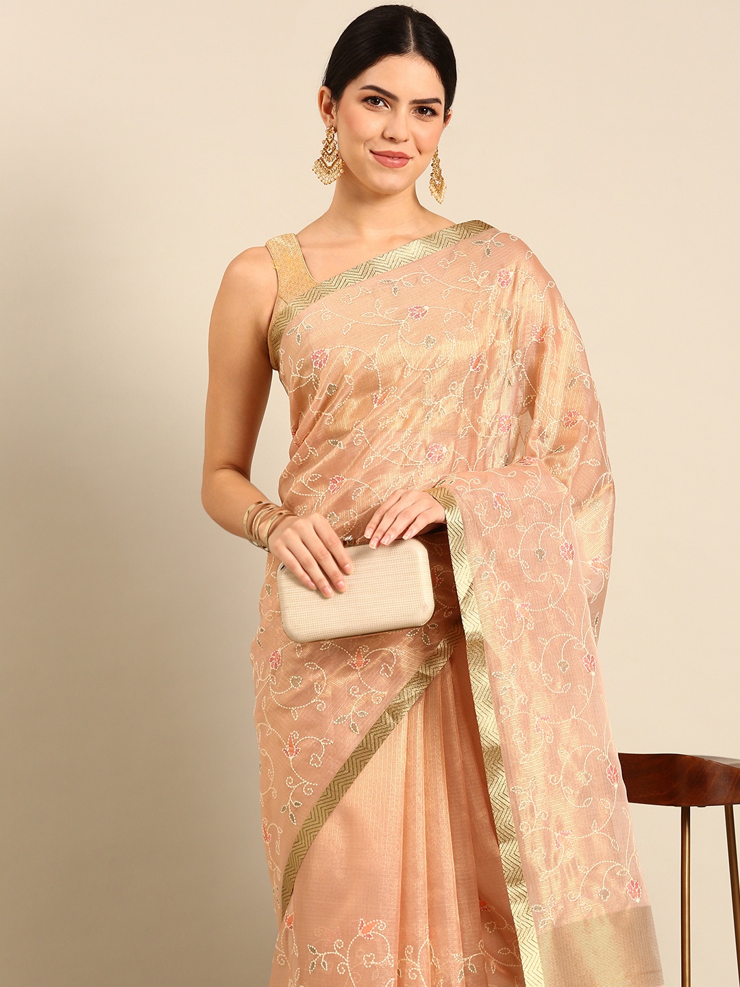 

Simaaya Floral Zari Kota Saree, Peach