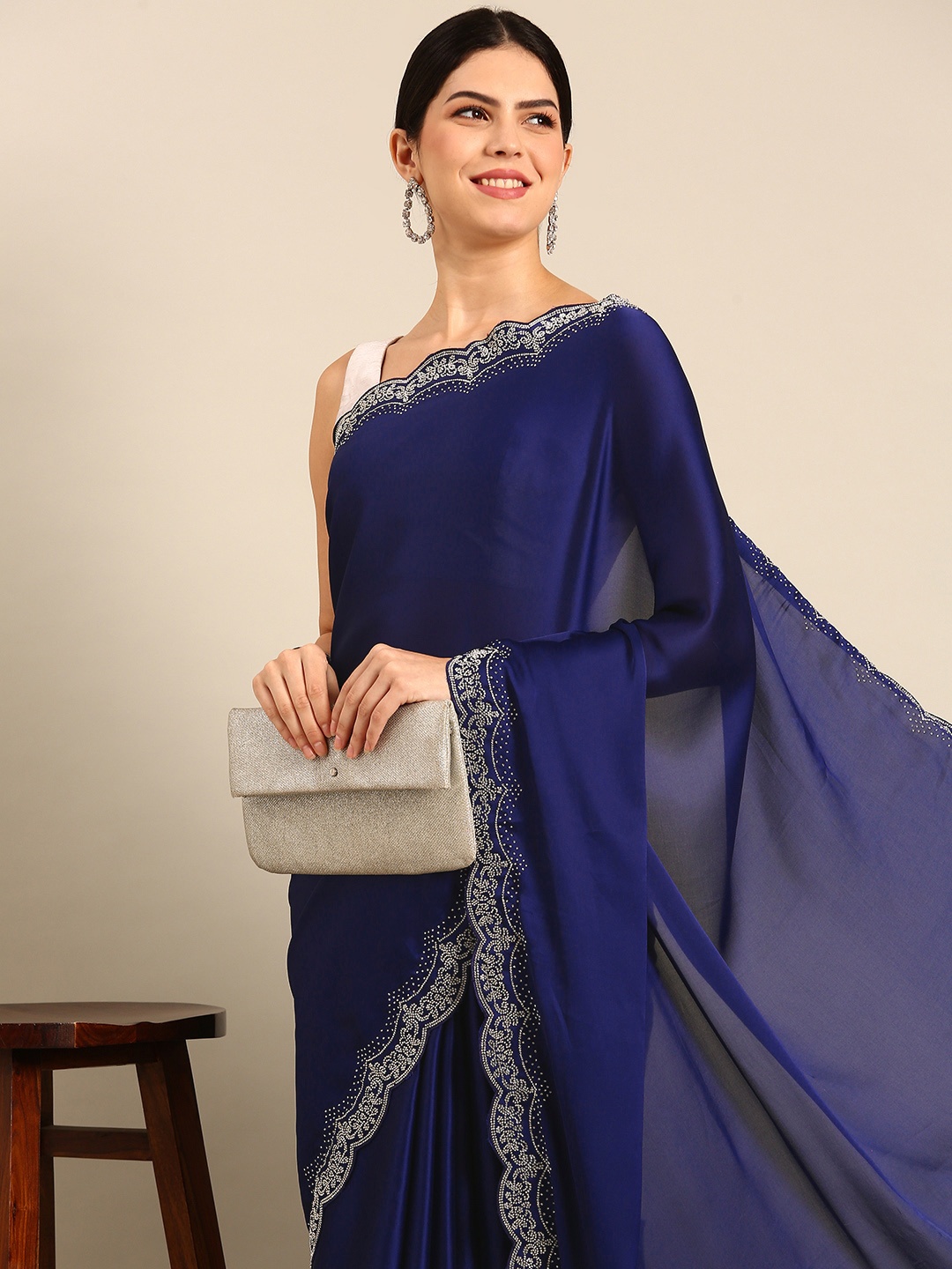 

Simaaya Beads and Stones Satin Saree, Navy blue