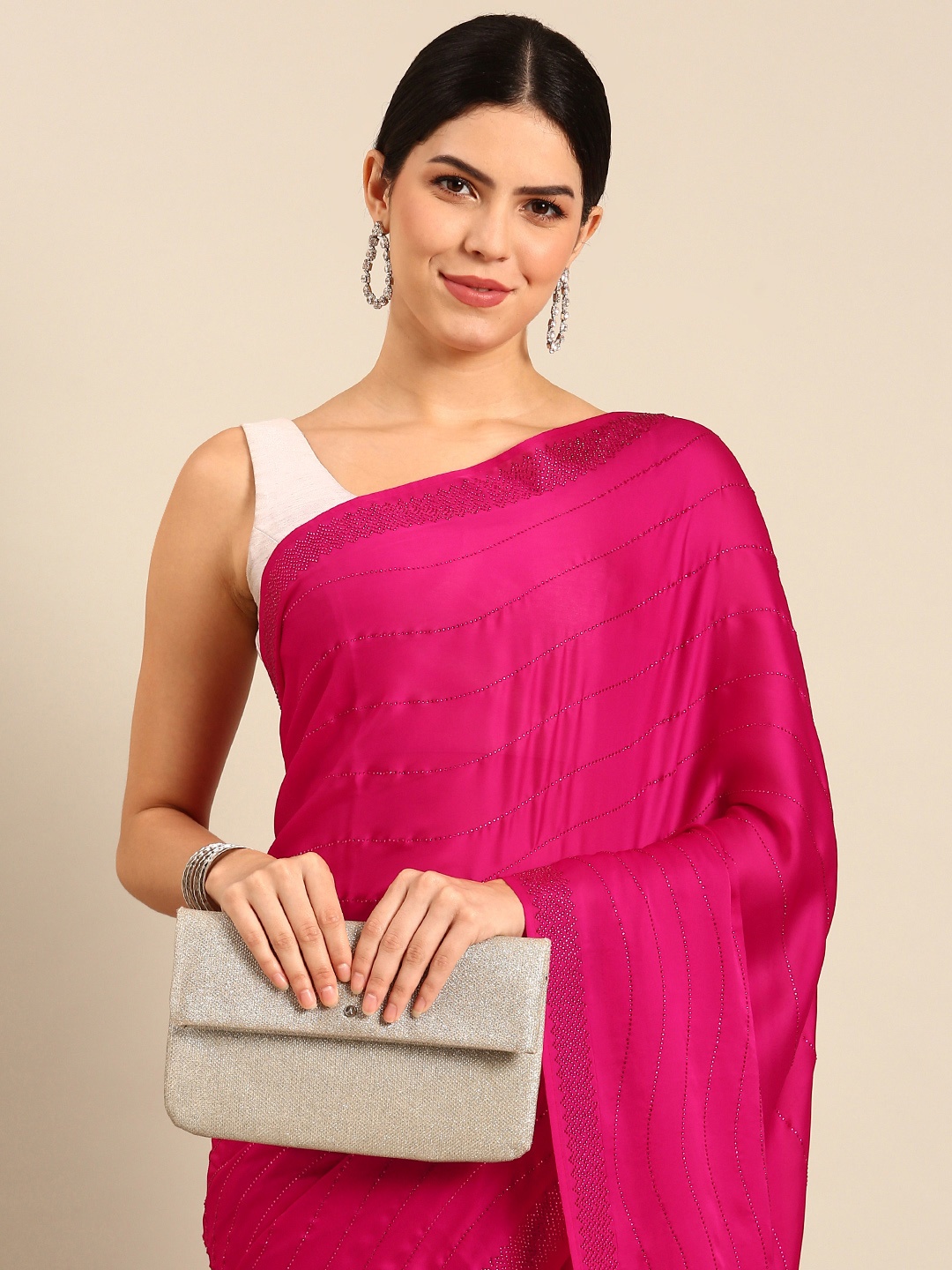 

Simaaya Striped Beads and Stones Satin Saree, Pink