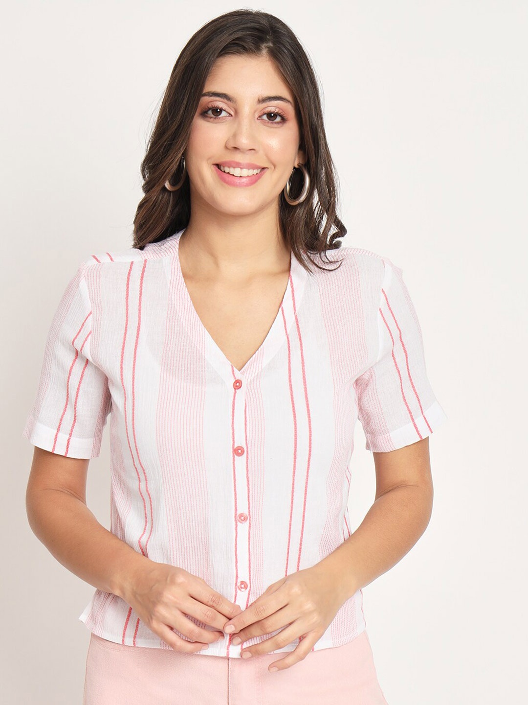 

CHARMGAL Striped Cotton Shirt Style Top, White