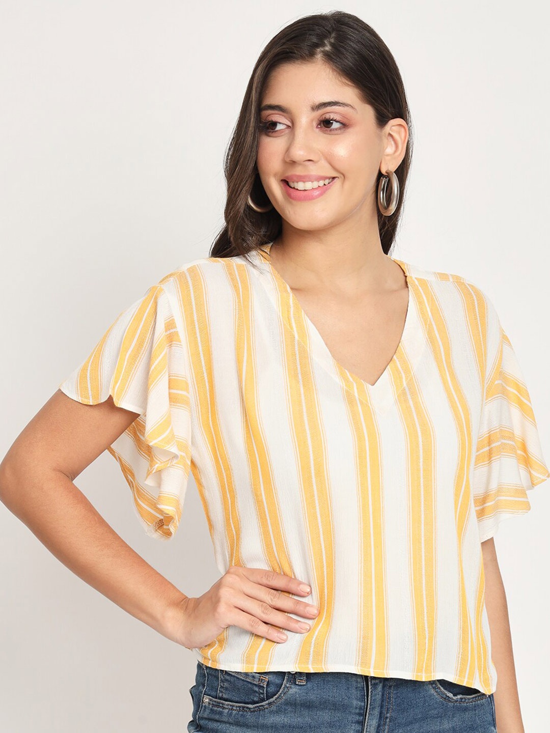 

CHARMGAL Striped Flutter Sleeve Top, Yellow
