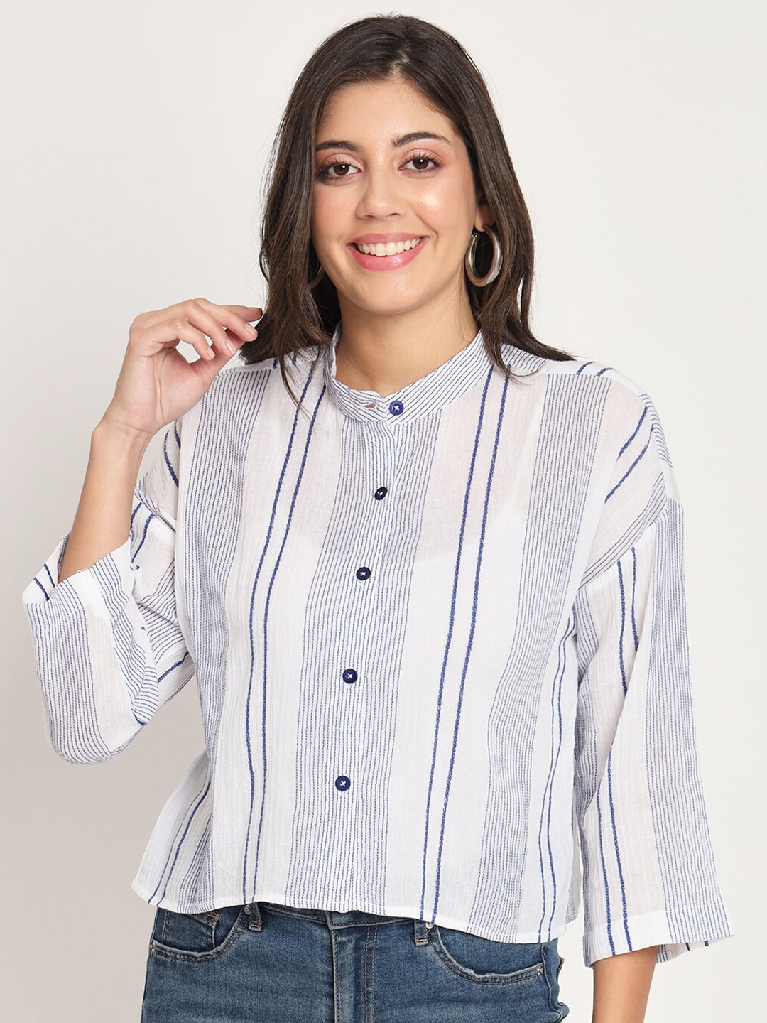 

CHARMGAL Striped Band Collar Shirt Style Top, White