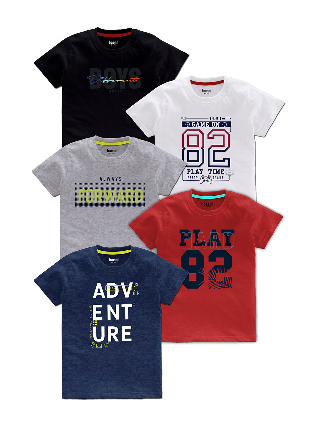 

BAESD Boys Pack Of 5 Typography Printed T-shirt, Navy blue