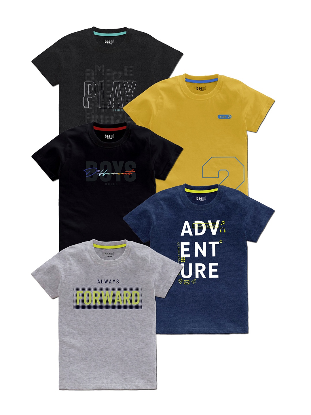 

BAESD Boys Pack Of 5 Typography Printed Round Neck Regular T-shirt, Black