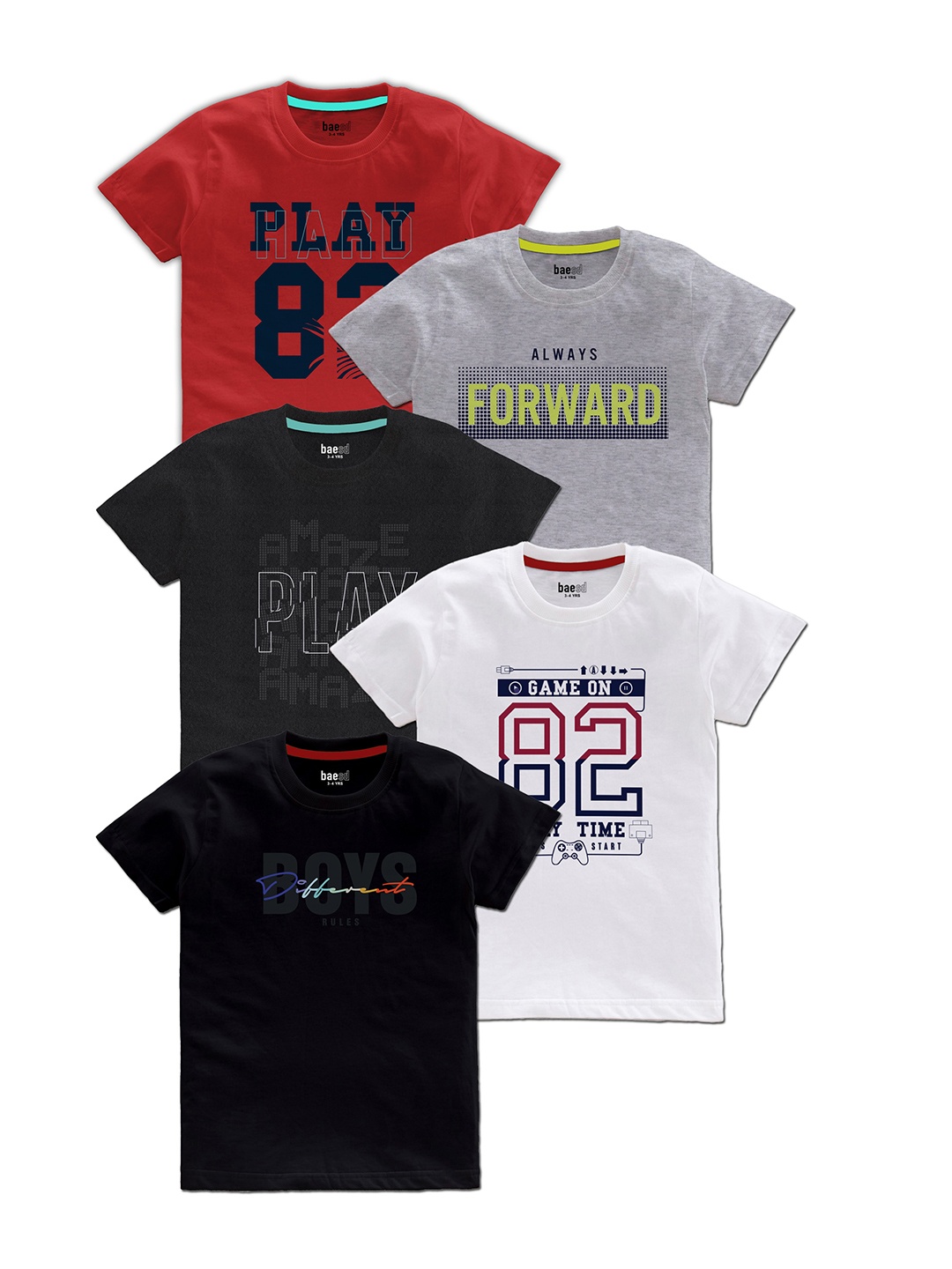 

BAESD Boys Pack Of 5 Typography Printed T-shirt, Red