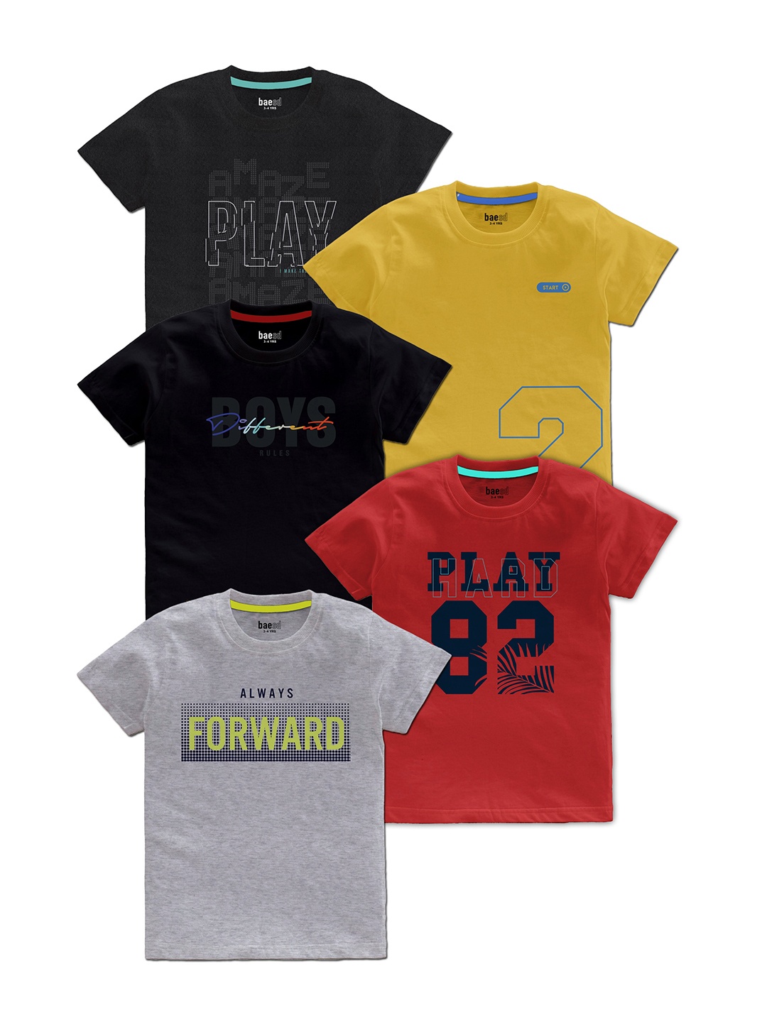 

BAESD Boys Pack Of 5 Printed Round Neck T-shirt, Black
