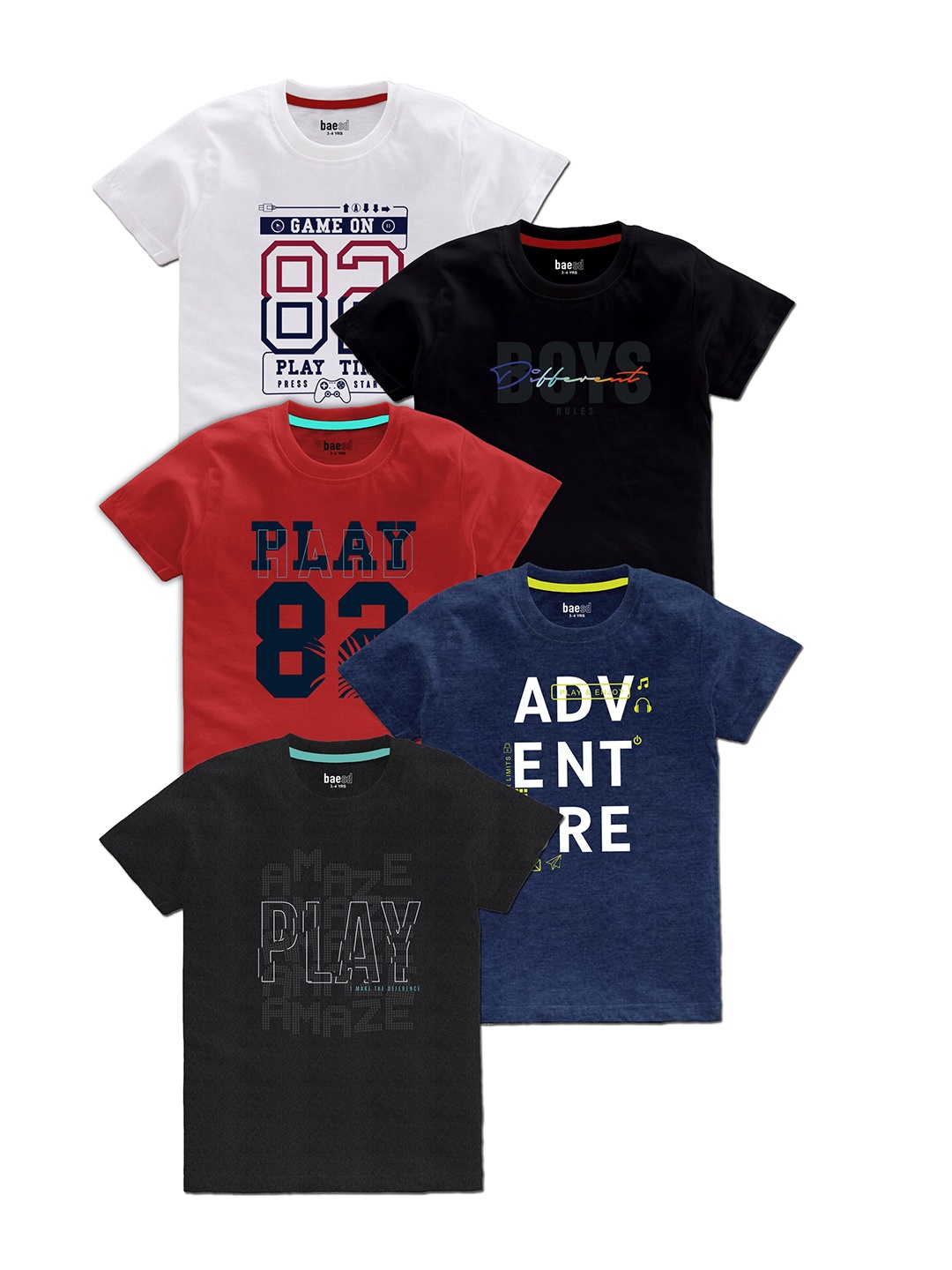 

BAESD Boys Pack Of 5 Typography Printed T-shirt, White