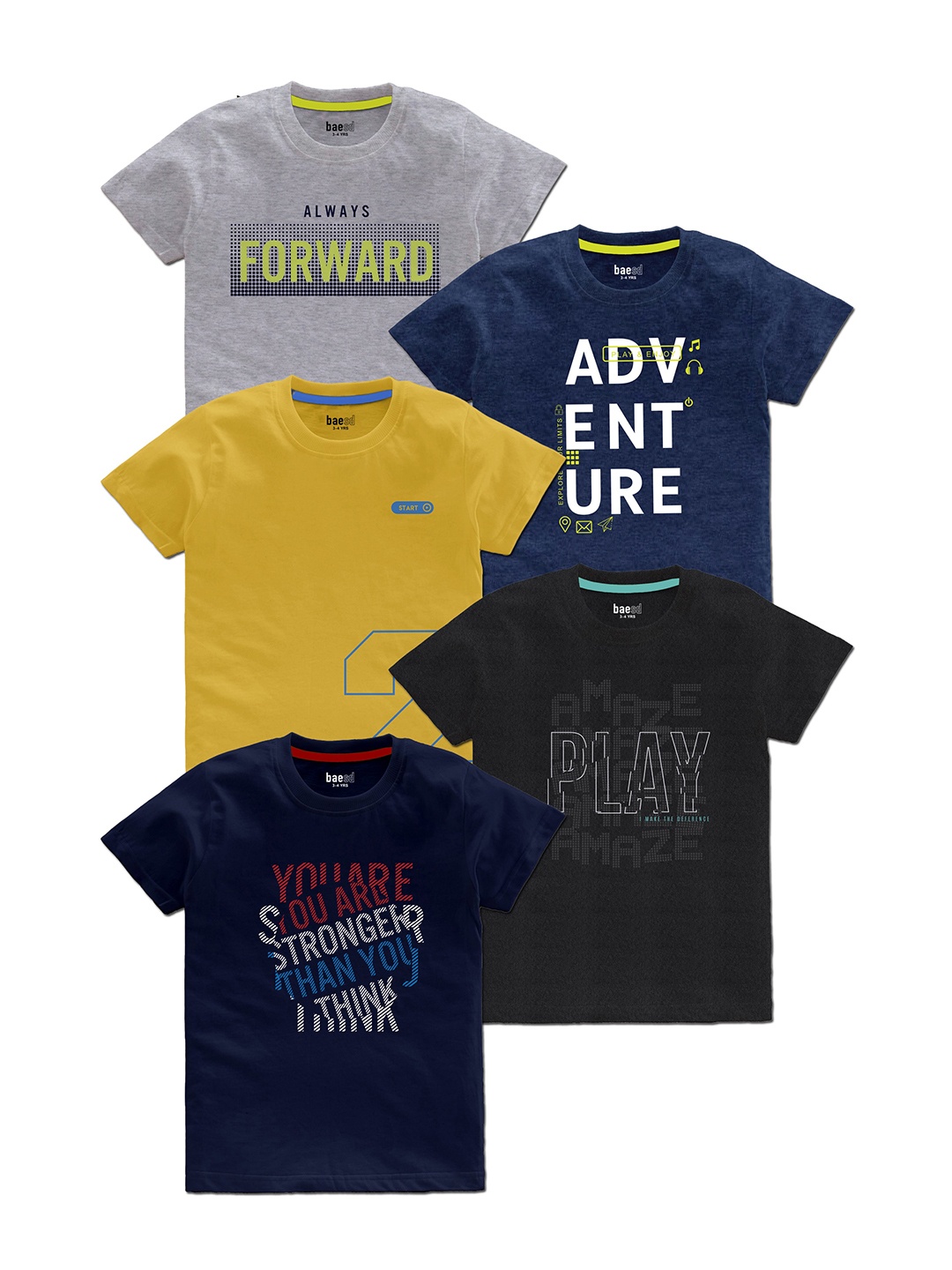 

BAESD Boys Pack Of 5 Typography Printed T-Shirt, Yellow