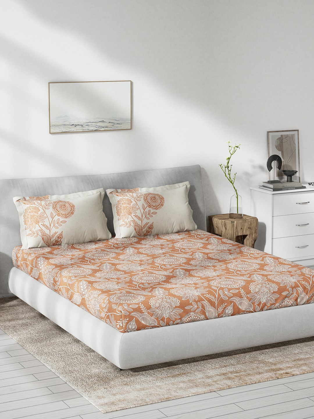 

DDecor Brown & White Floral Cotton 144 TC Queen Bedsheet with 2 Pillow Covers