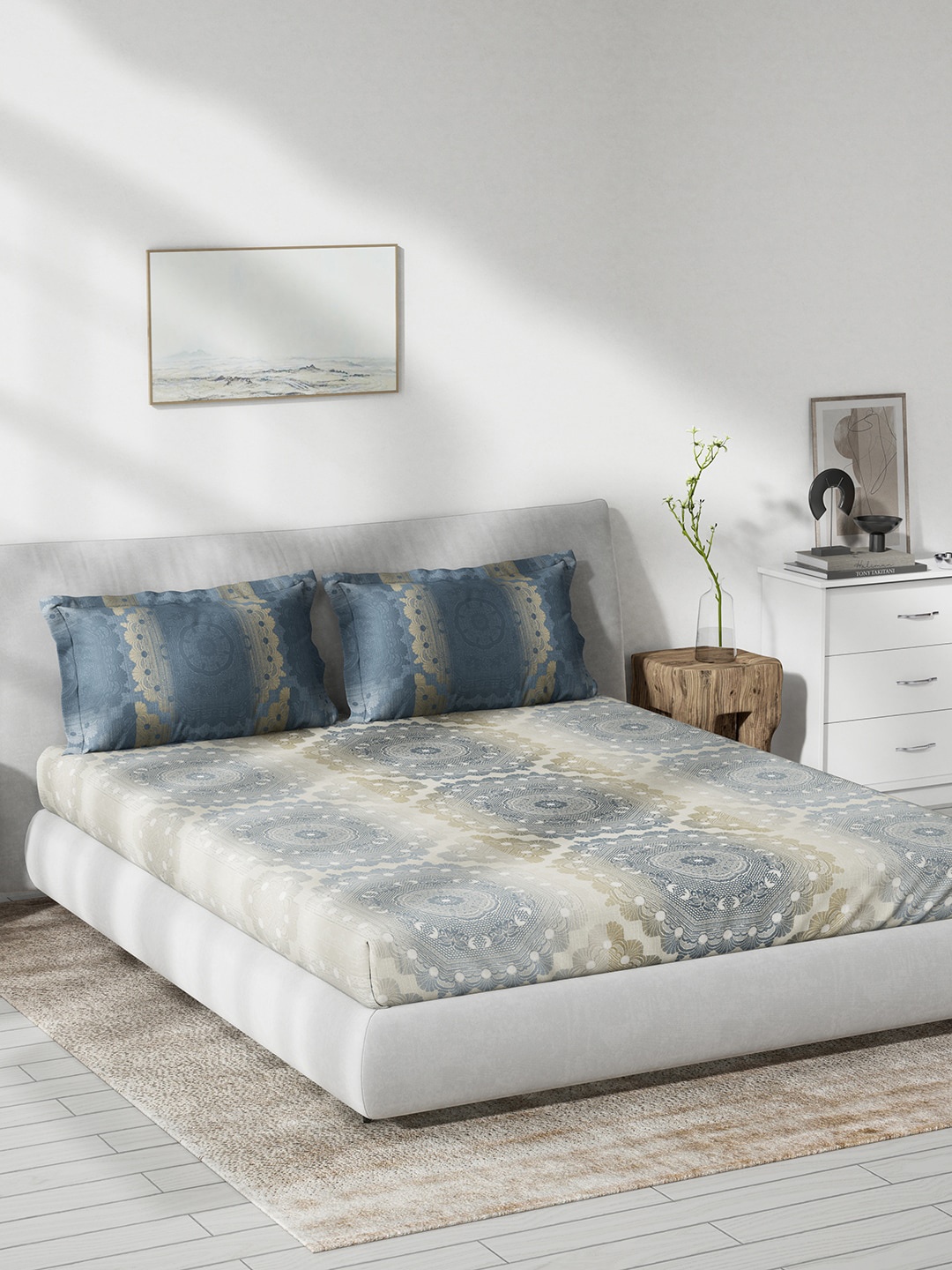 

DDecor Blue & Grey Ethnic Motifs Cotton 144 TC Queen Bedsheet With 2 Pillow Covers