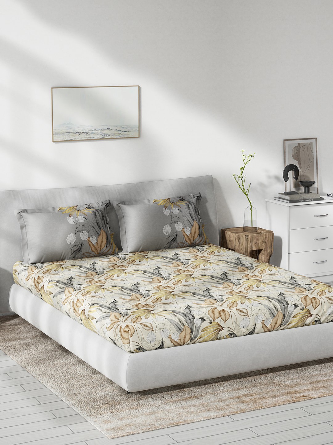 

DDecor Yellow & Grey Floral 144 TC Cotton Queen Bedsheet With 2 Pillow Covers