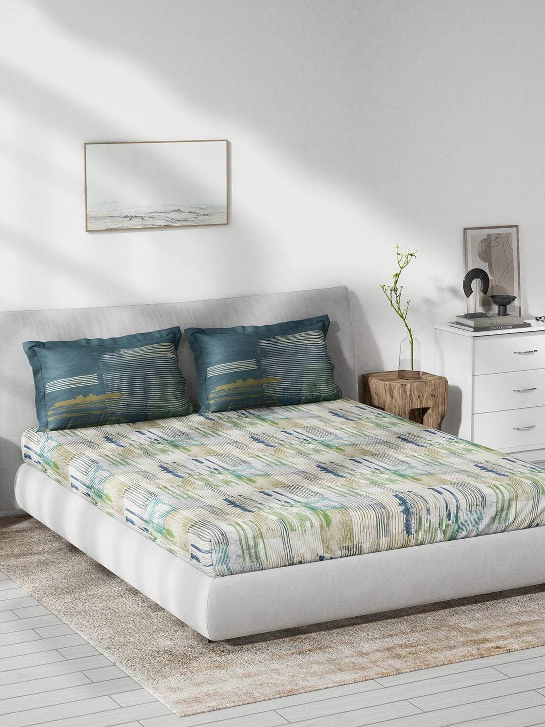 

DDecor Live Beautiful Beige & Blue Cotton 144 TC Queen Bedsheet with 2 Pillow Covers