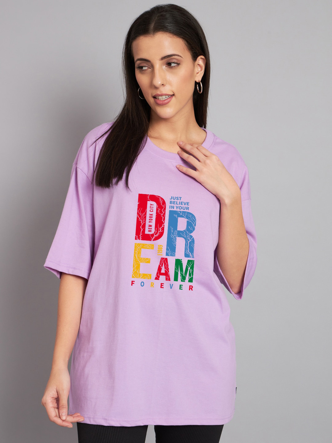 

Imsa Moda Typography Printed Drop-Shoulder Sleeve Cotton T-shirt, Lavender