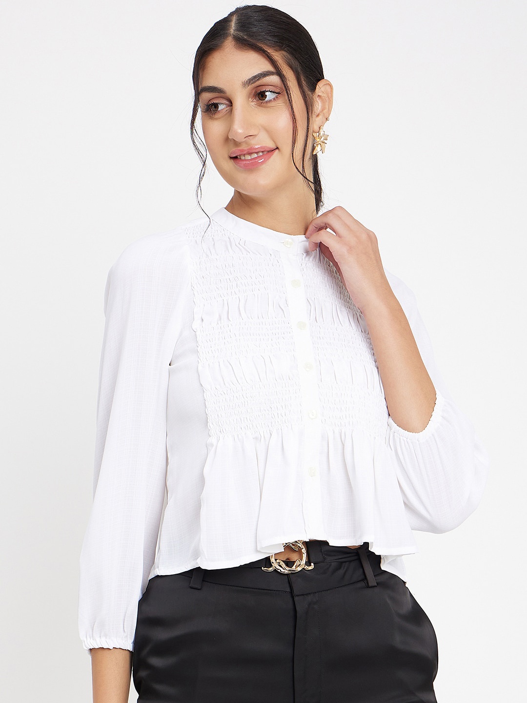 

CAMLA Mandarin Collar Shirt Style Crop Top, White