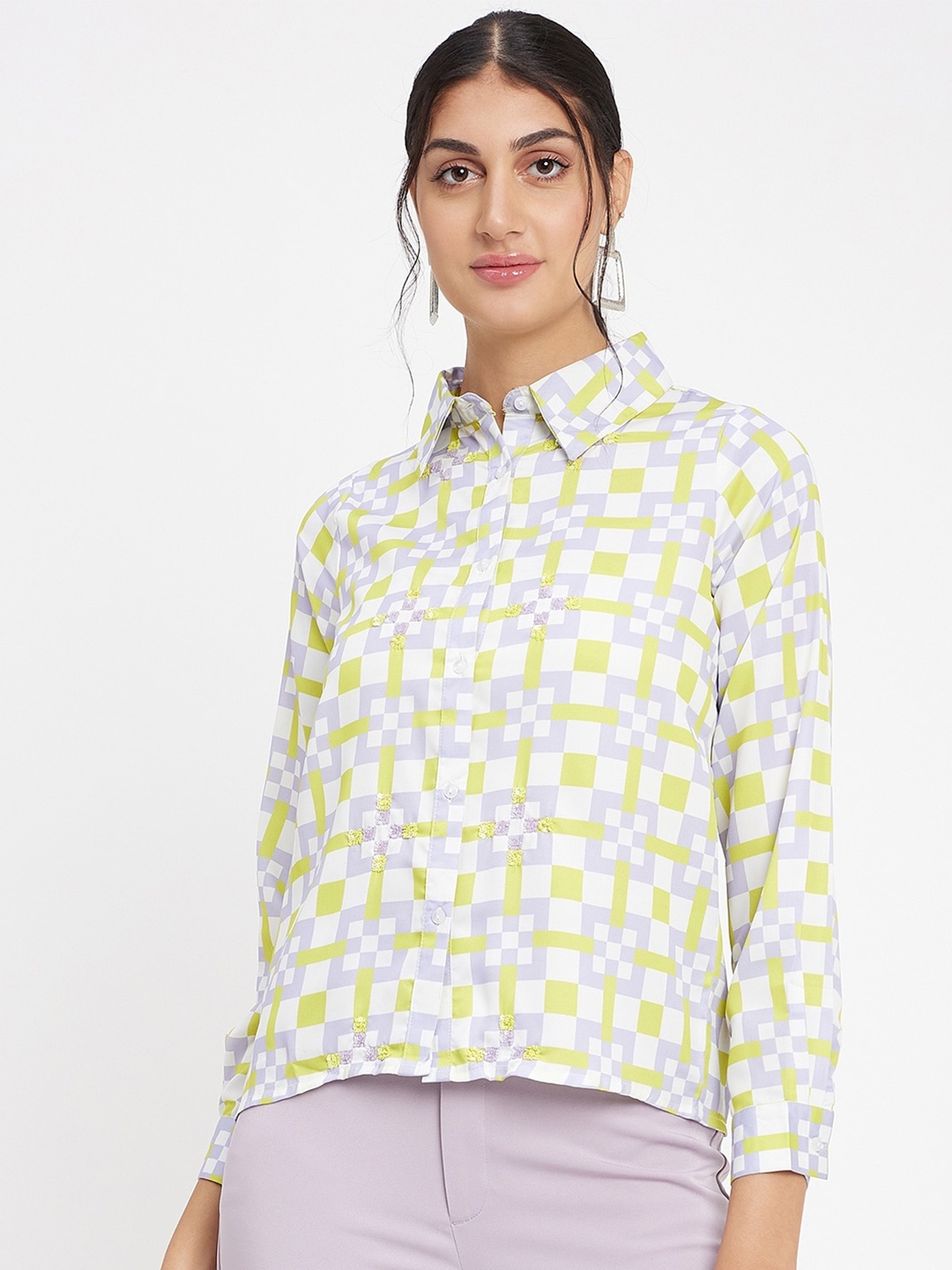 

CAMLA Geometric Printed Spread Collar Casual Shirt, White