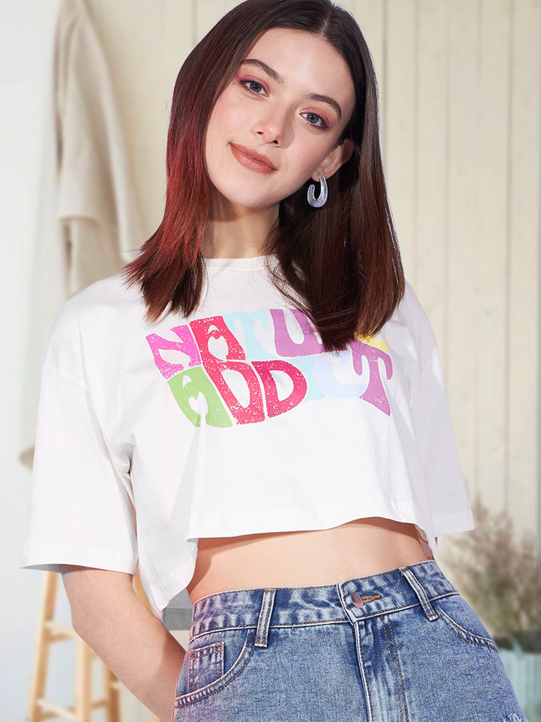

Roadster Typography Printed Drop-Shoulder Sleeves Pure Cotton Crop Boxy T-shirt, White