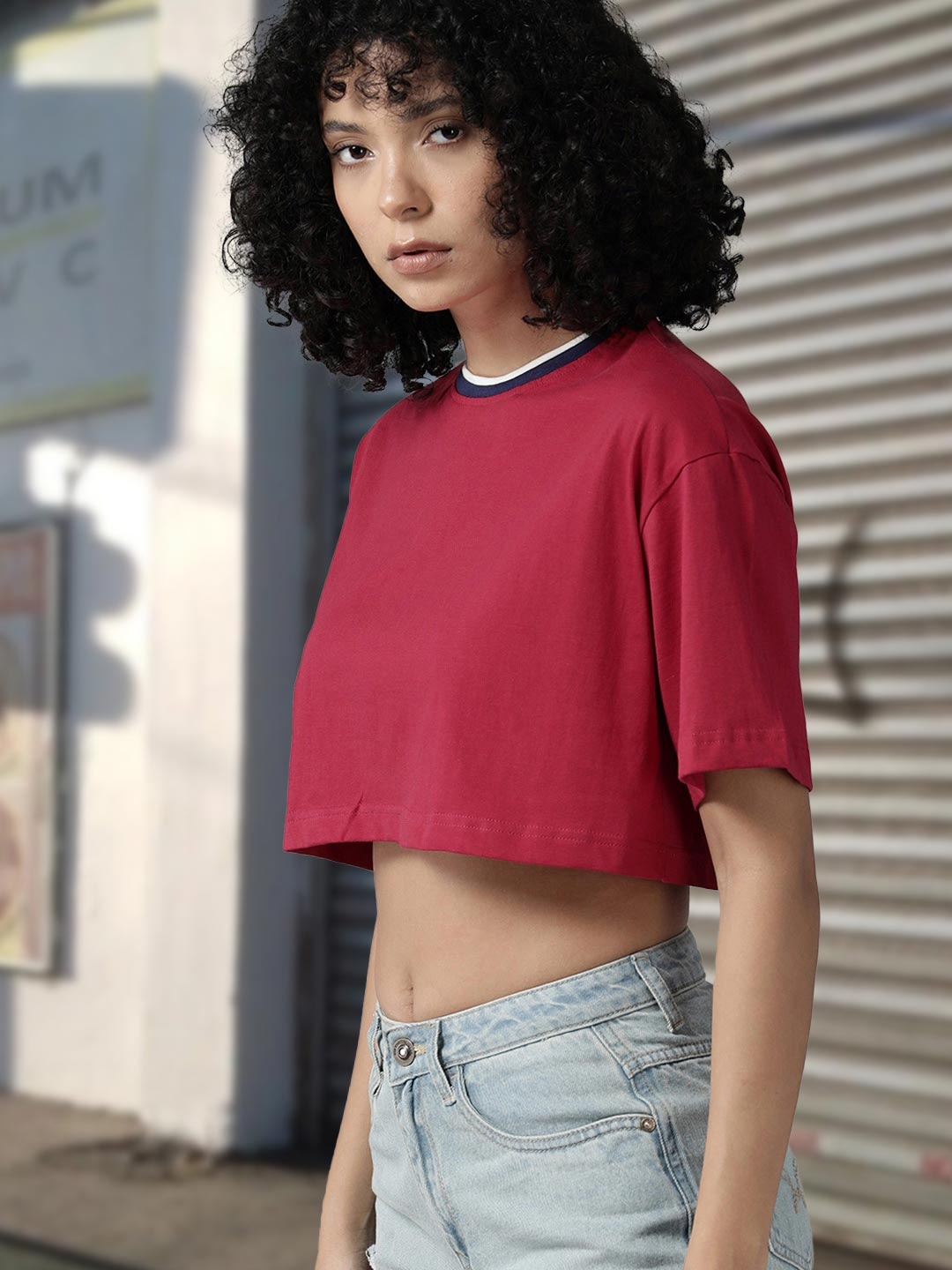 

Roadster Drop-Shoulder Sleeves Pure Cotton Crop Boxy T-shirt, Magenta