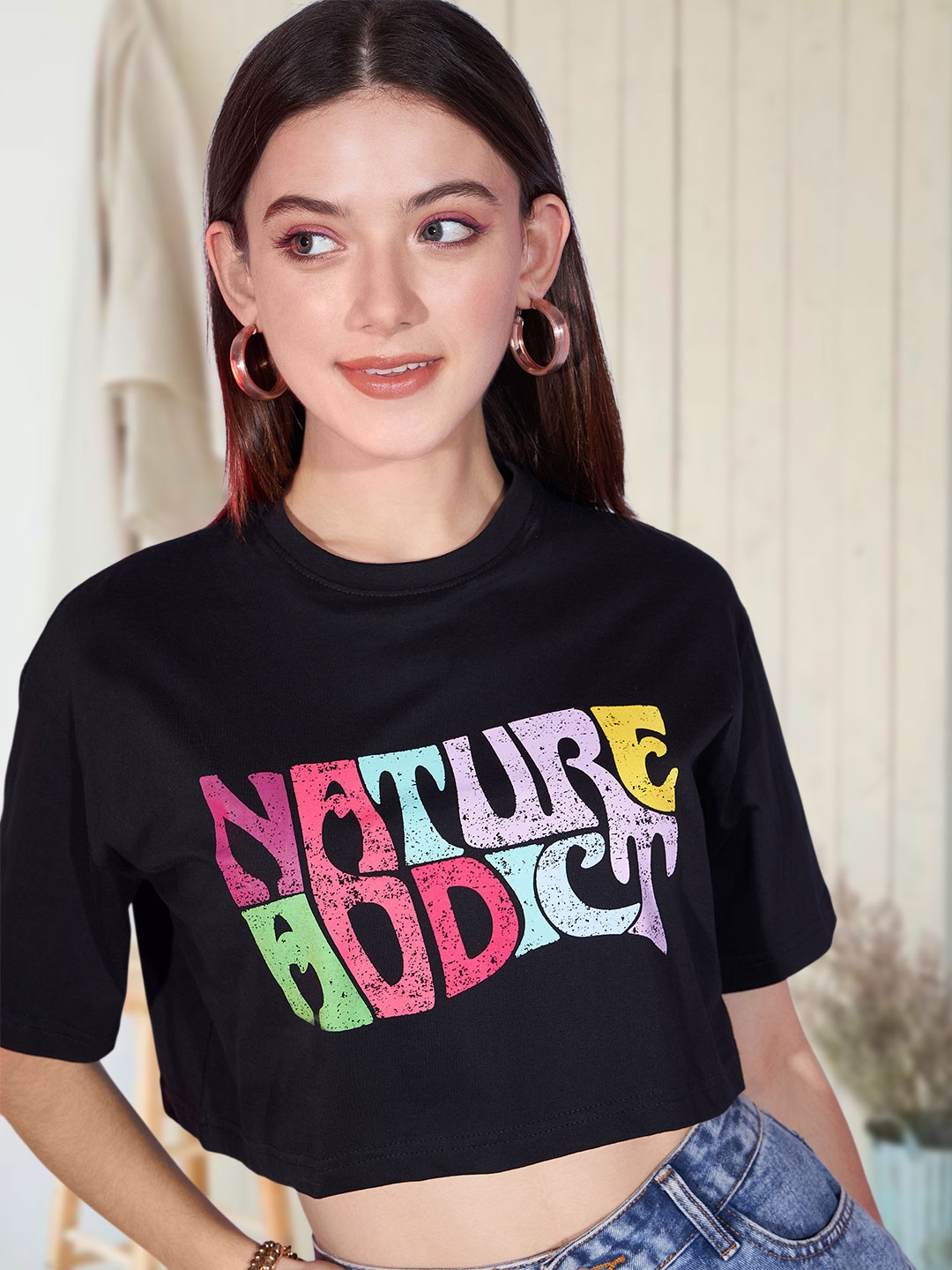 

Roadster Typography Printed Drop-Shoulder Sleeves Pure Cotton Crop Boxy T-shirt, Black