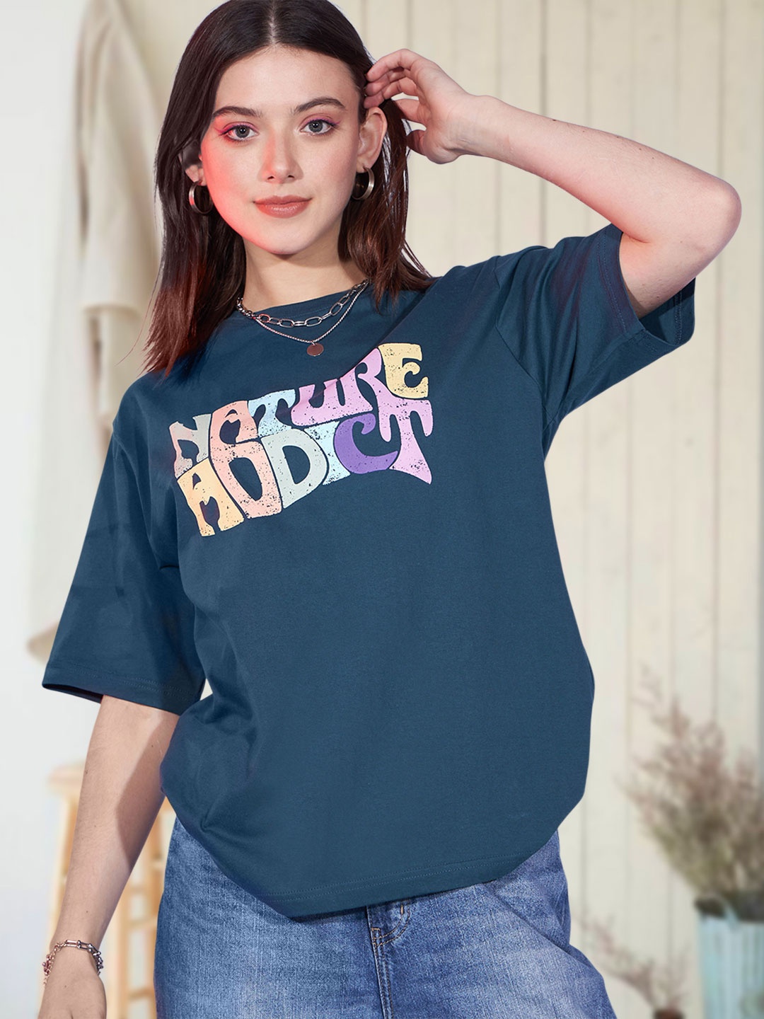 

Roadster Printed Oversized Drop-Shoulder Sleeves Longline Pure Cotton T-shirt, Teal
