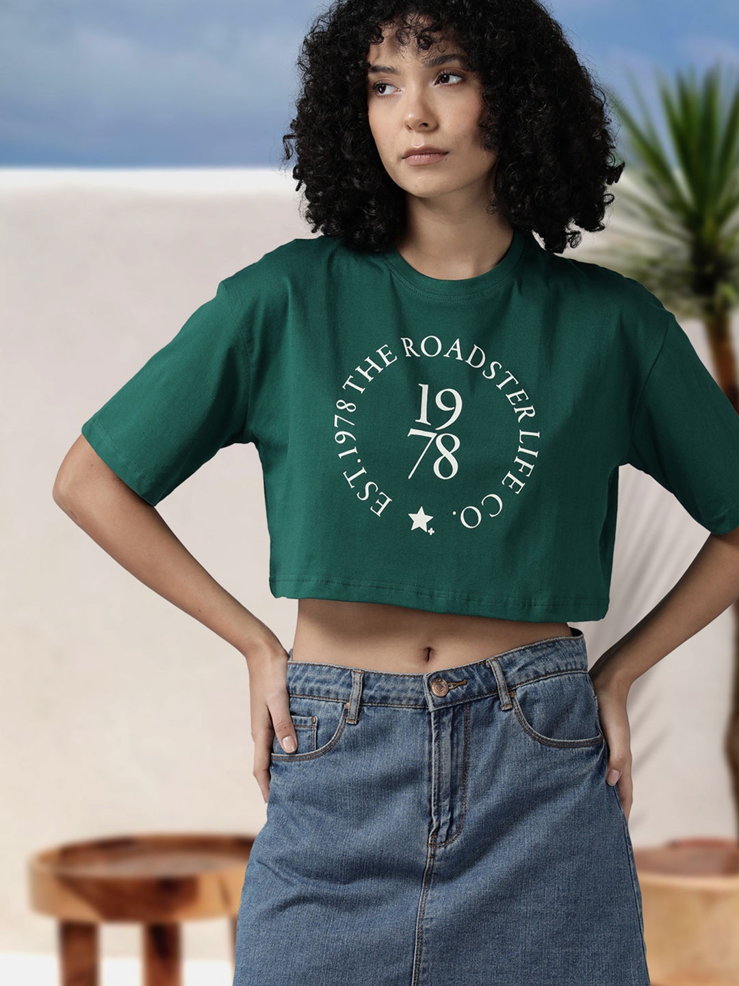 

Roadster Typography Printed Drop-Shoulder Sleeves Pure Cotton Boxy T-shirt, Green