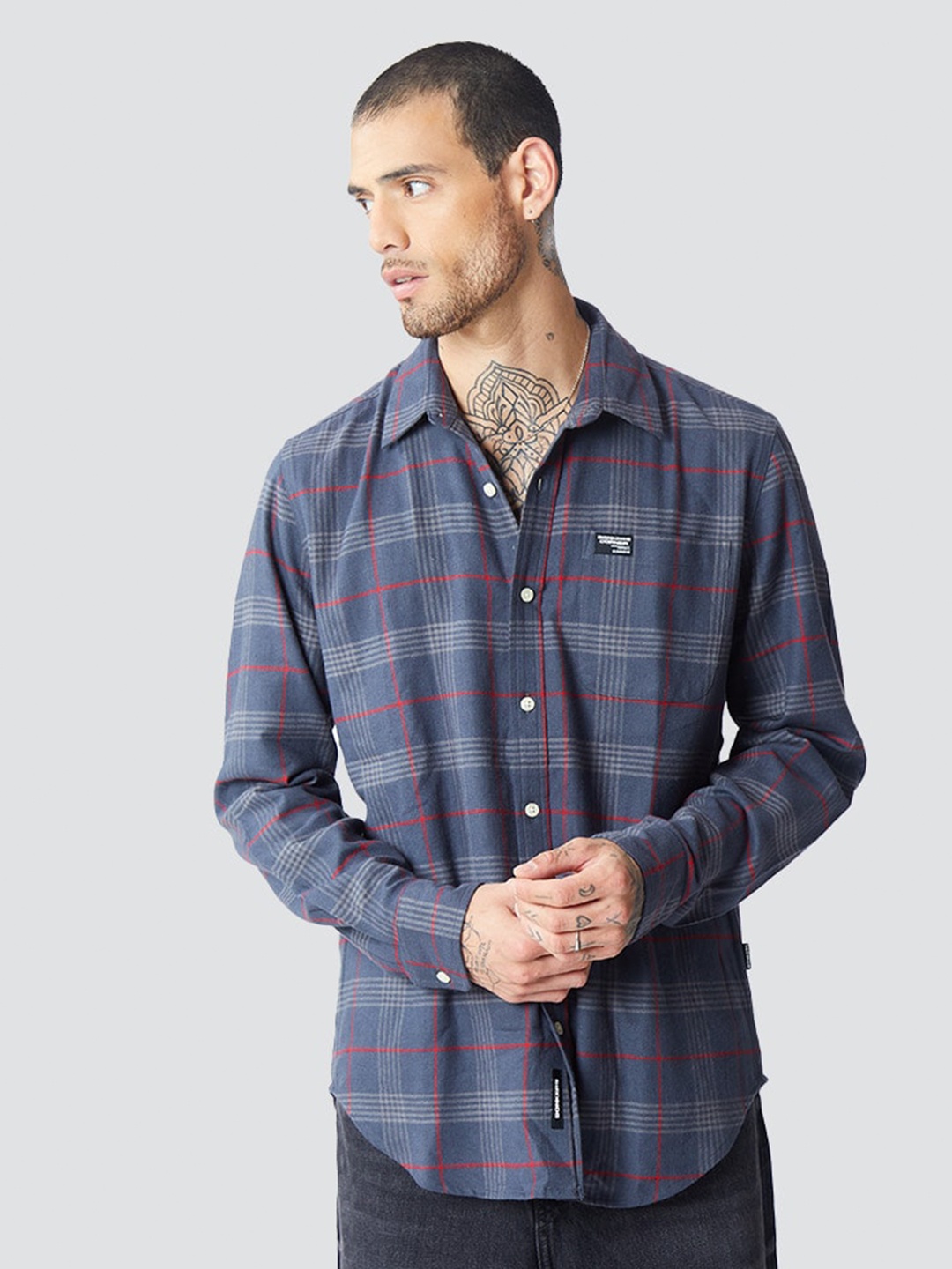 Bonkers Corner Blue Tartan Checked Opaque Cotton Casual Shirt
