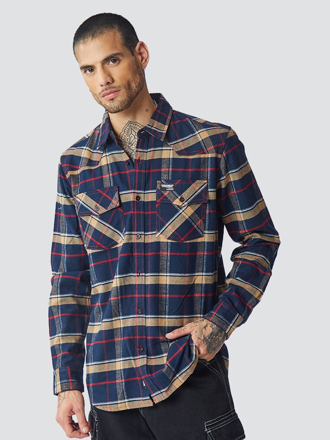 

Bonkers Corner Navy Blue Tartan Checked Opaque Cotton Casual Shirt