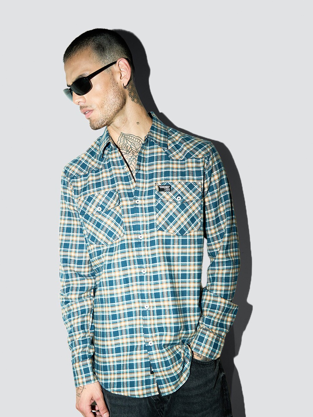 Bonkers Corner Tartan Checked Cotton Casual Shirt, Blue