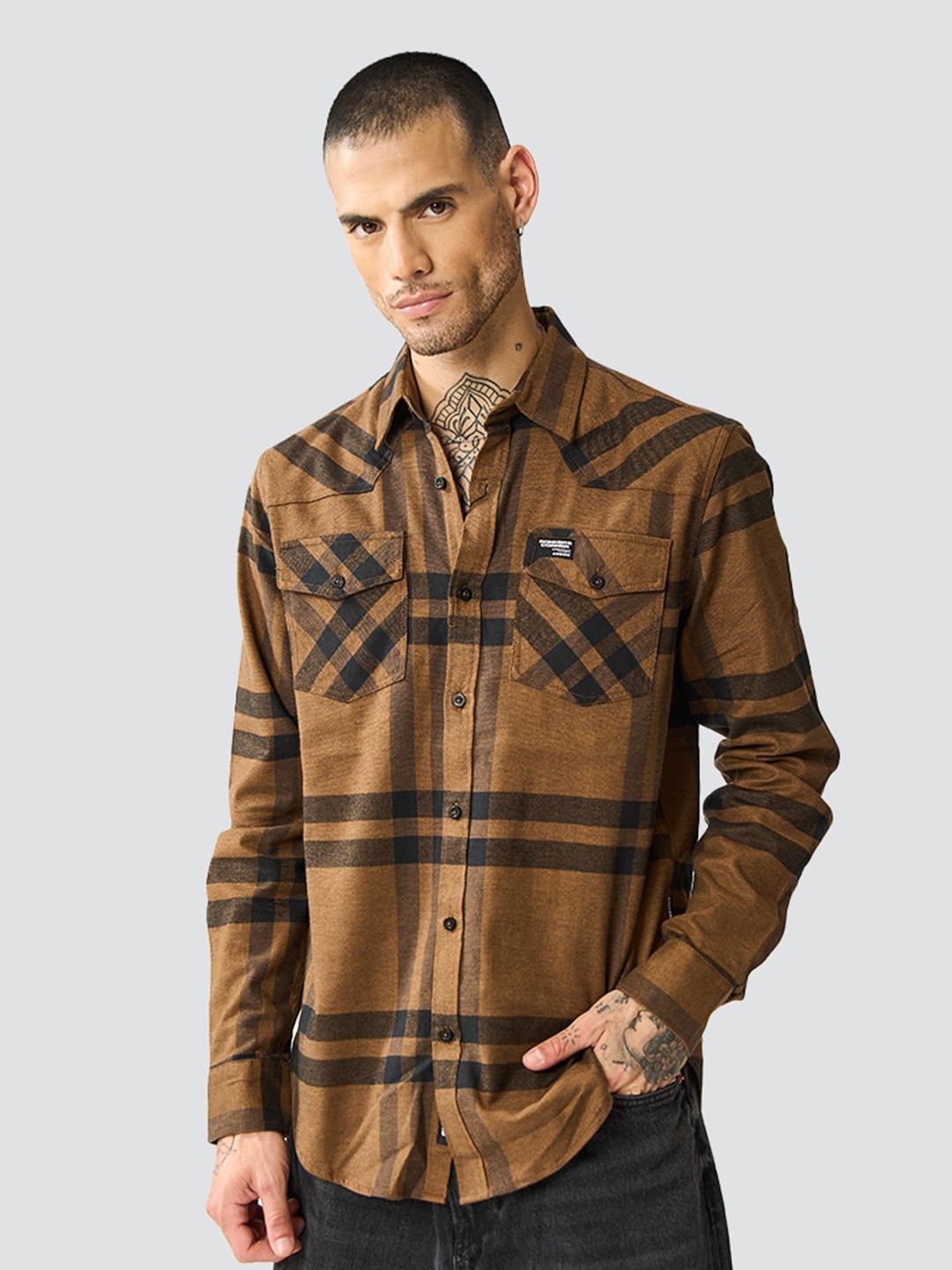 Bonkers Corner Checked Cotton Casual Shirt, Brown