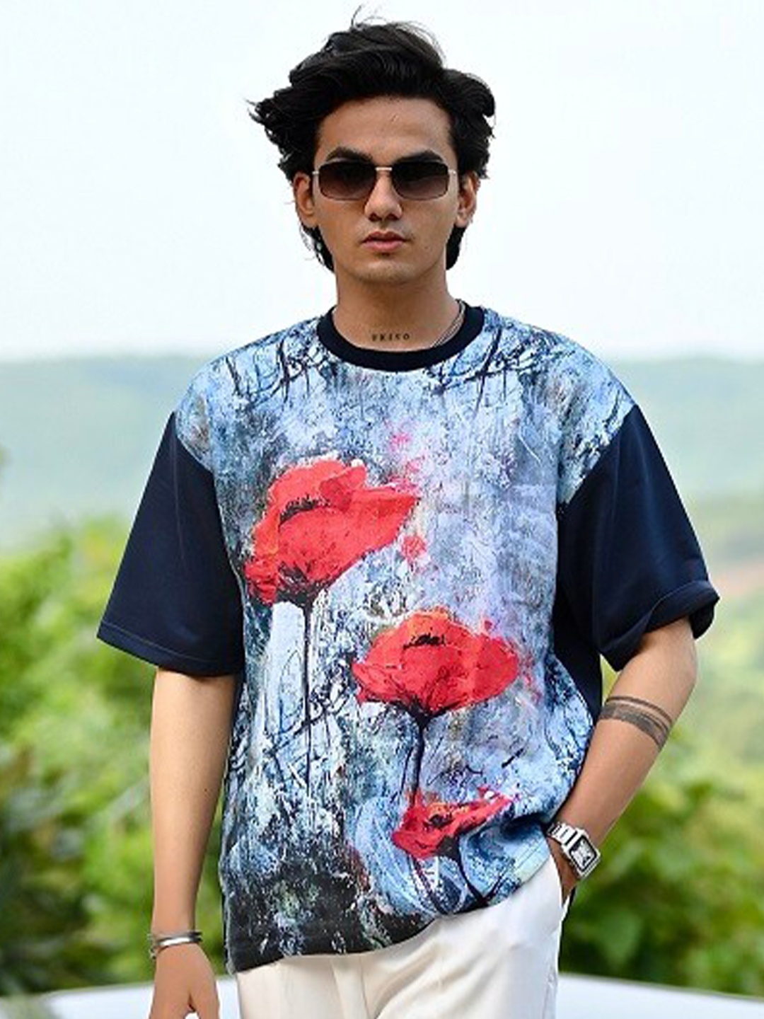 

ADDY'S for men Graphic Printed Round Neck Linen Oversized T-shirt, Navy blue