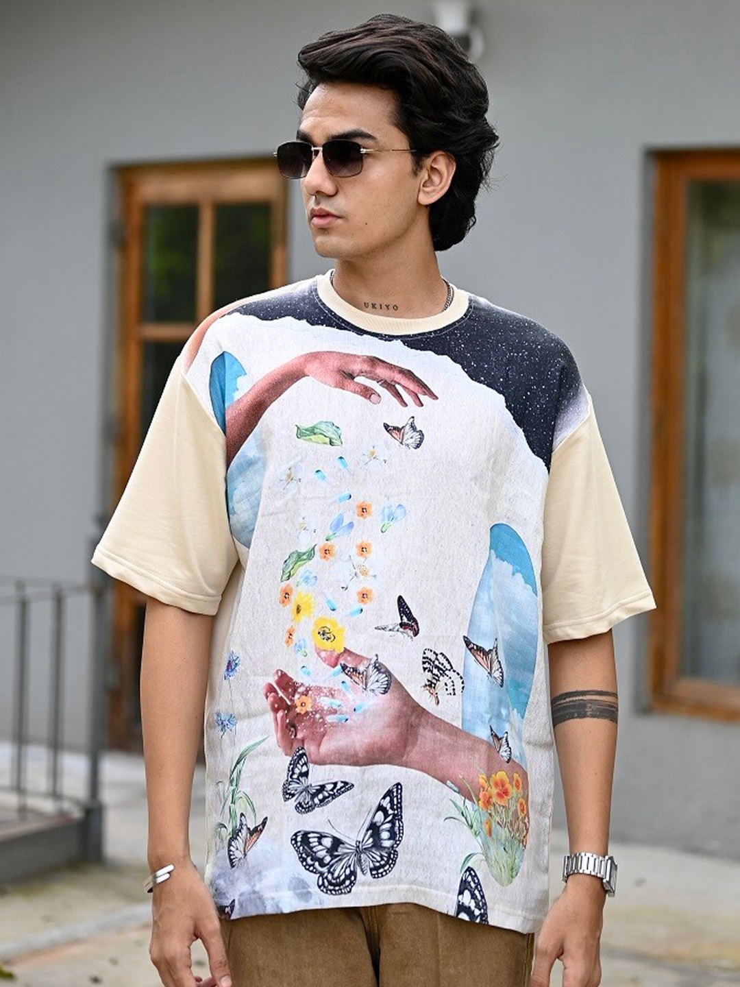 

ADDY'S for men Graphic Printed Round Neck Linen Oversized T-shirt, Cream