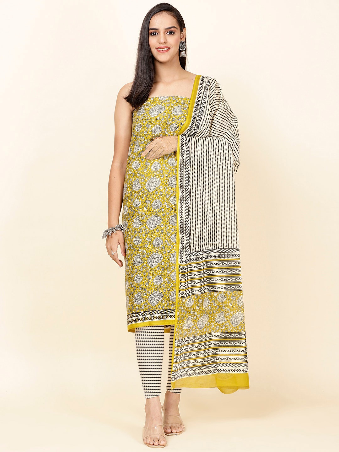 

Meena Bazaar Ethnic Motif Printed Unstitched Dress Material, Mustard