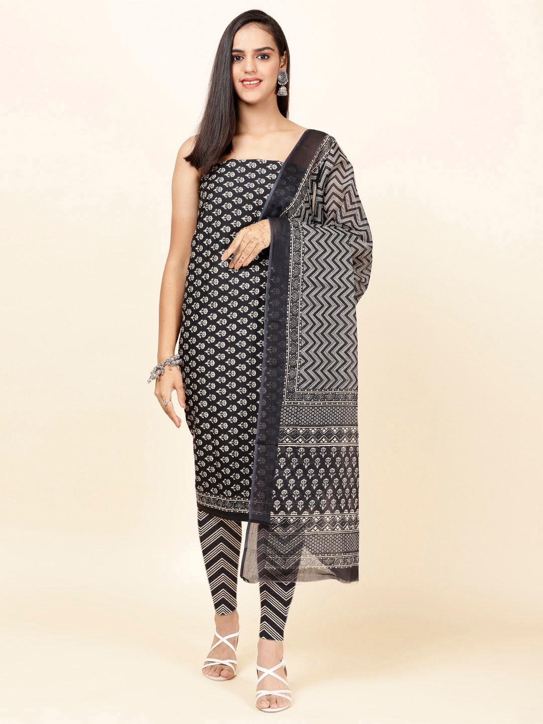 

Meena Bazaar Ethnic Motif Printed Unstitched Dress Material, Black