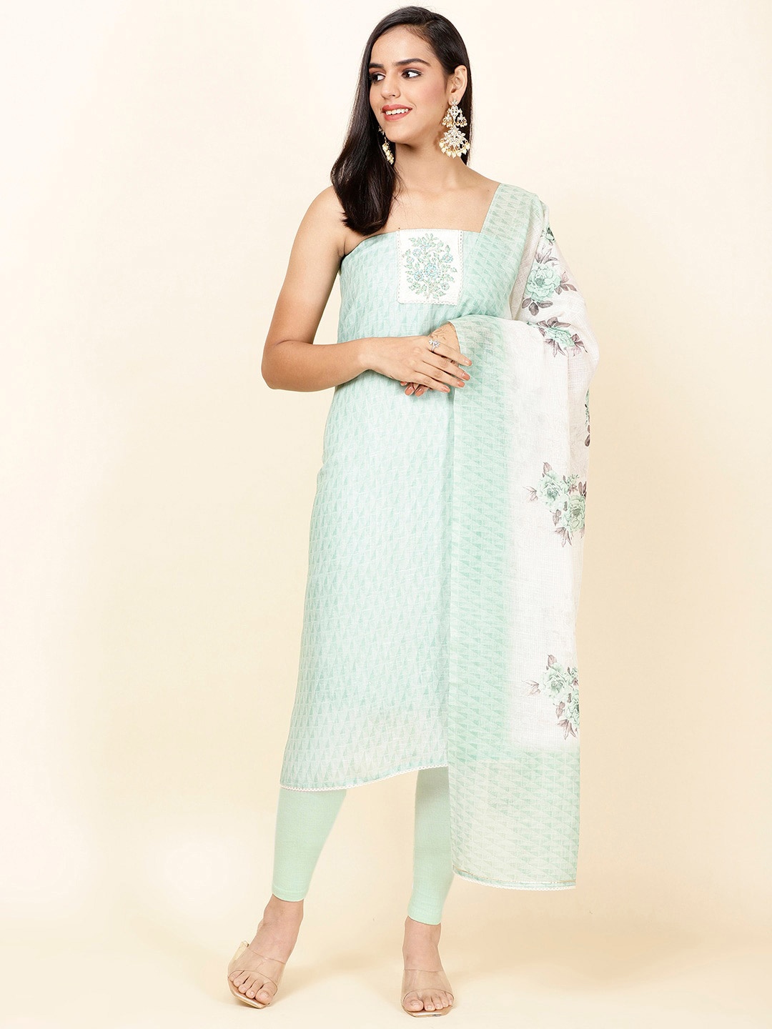 

Meena Bazaar Geometric Printed Unstitched Dress Material, Sea green