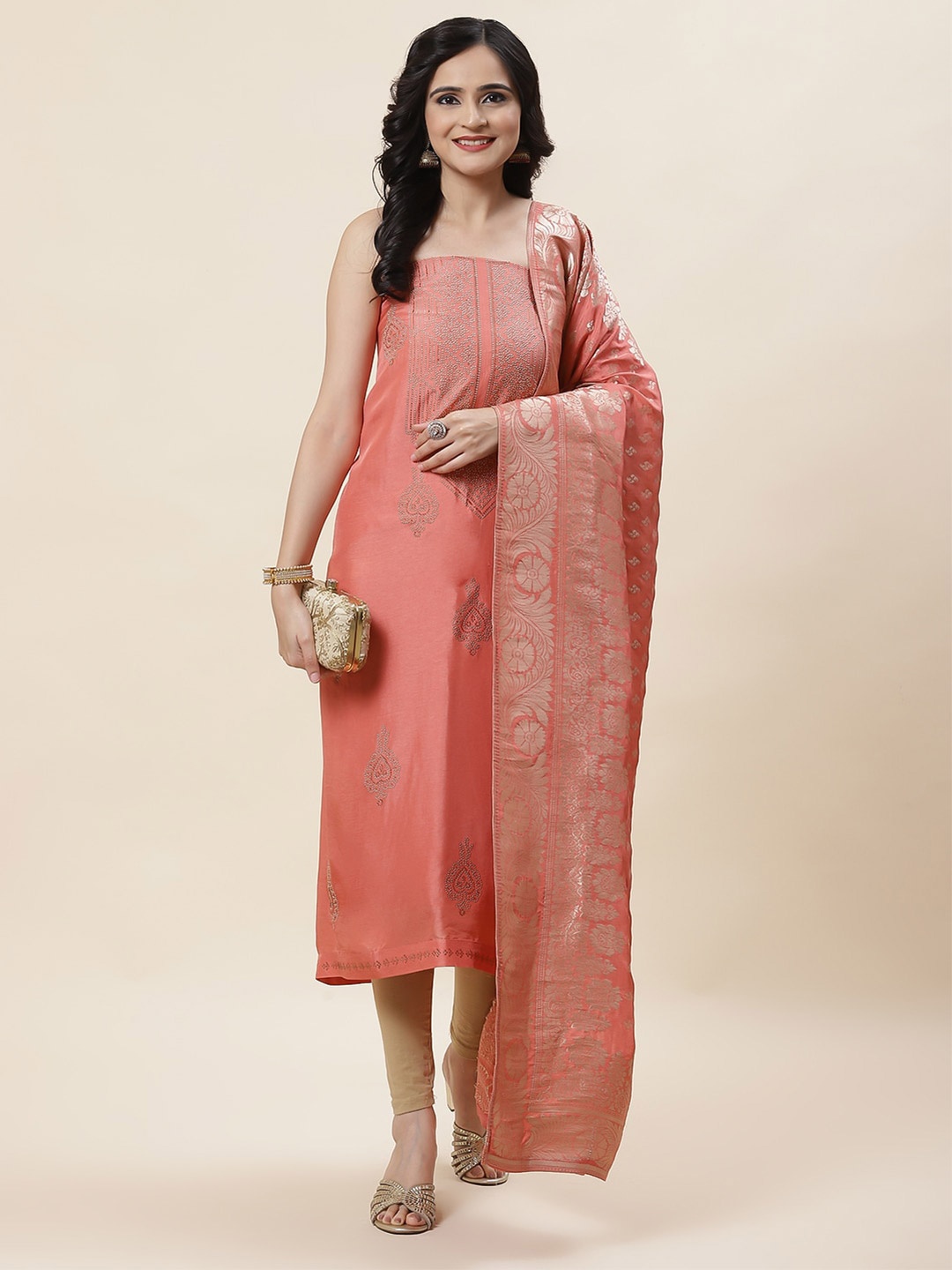 

Meena Bazaar Embellished Beads & Stones Art Silk Unstitched Dress Material, Coral