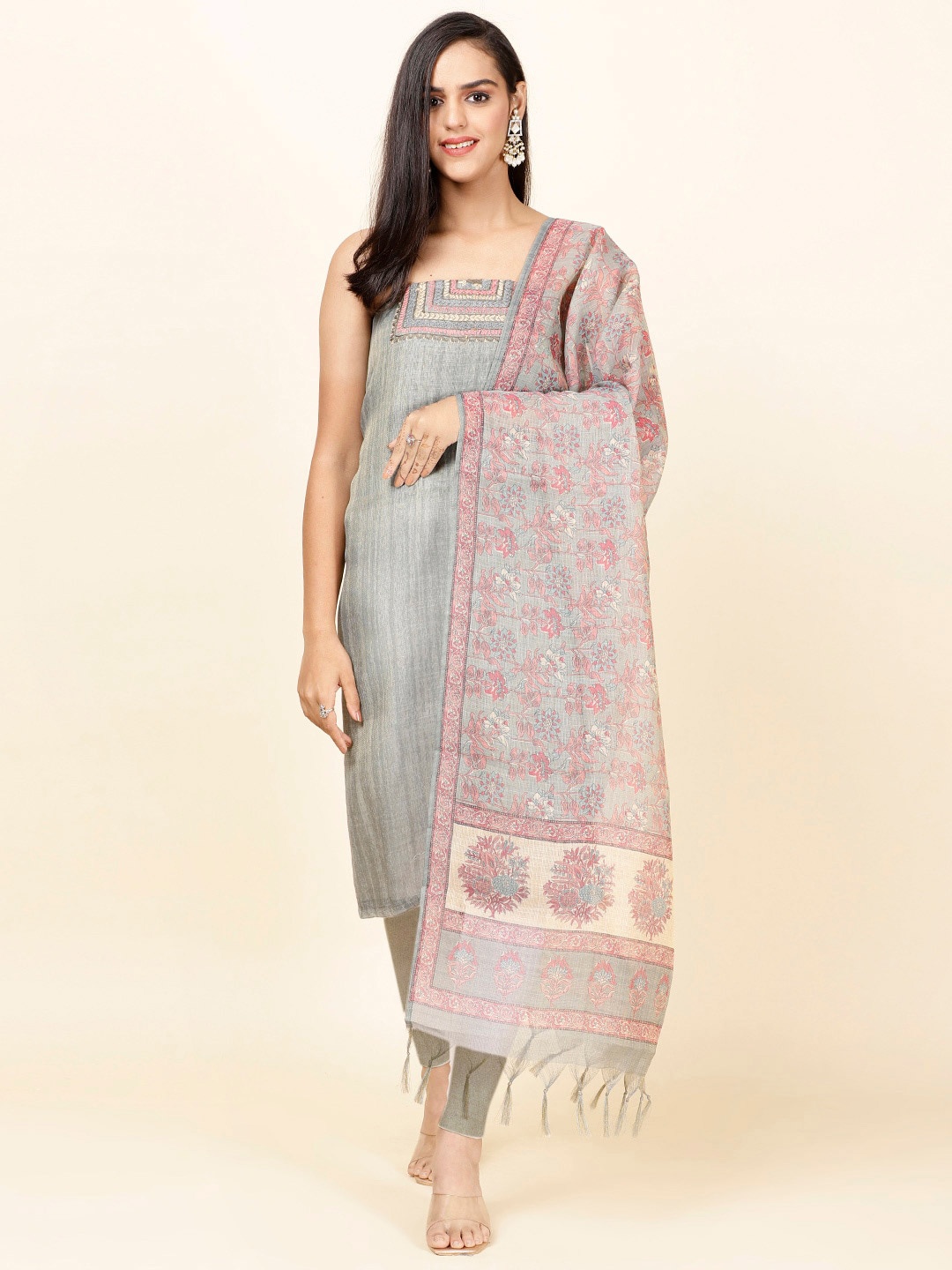 

Meena Bazaar Ethnic Motifs Embroidered Sequinned Unstitched Dress Material, Grey