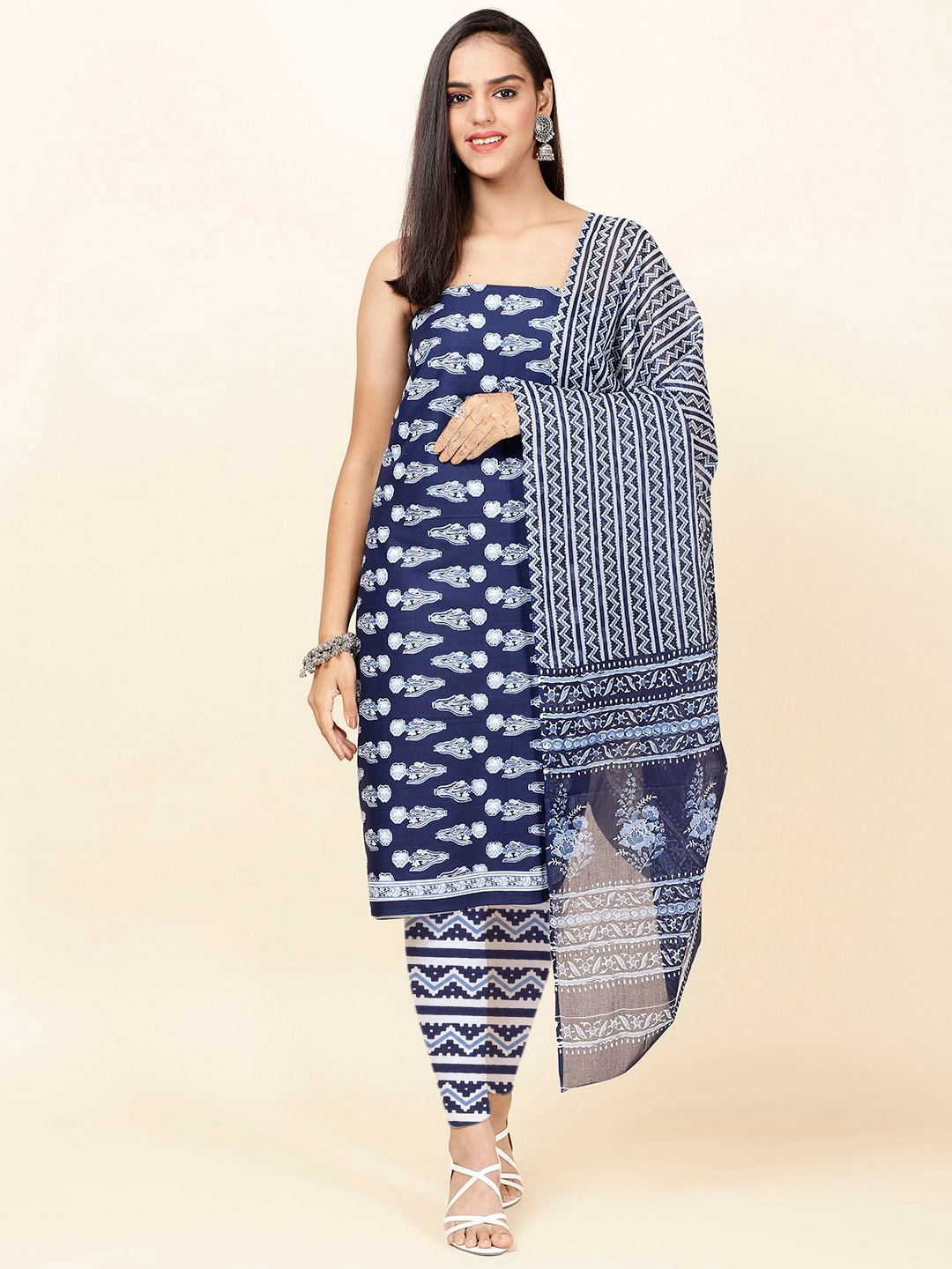 

Meena Bazaar Ethnic Motifs Printed Unstitched Dress Material, Blue