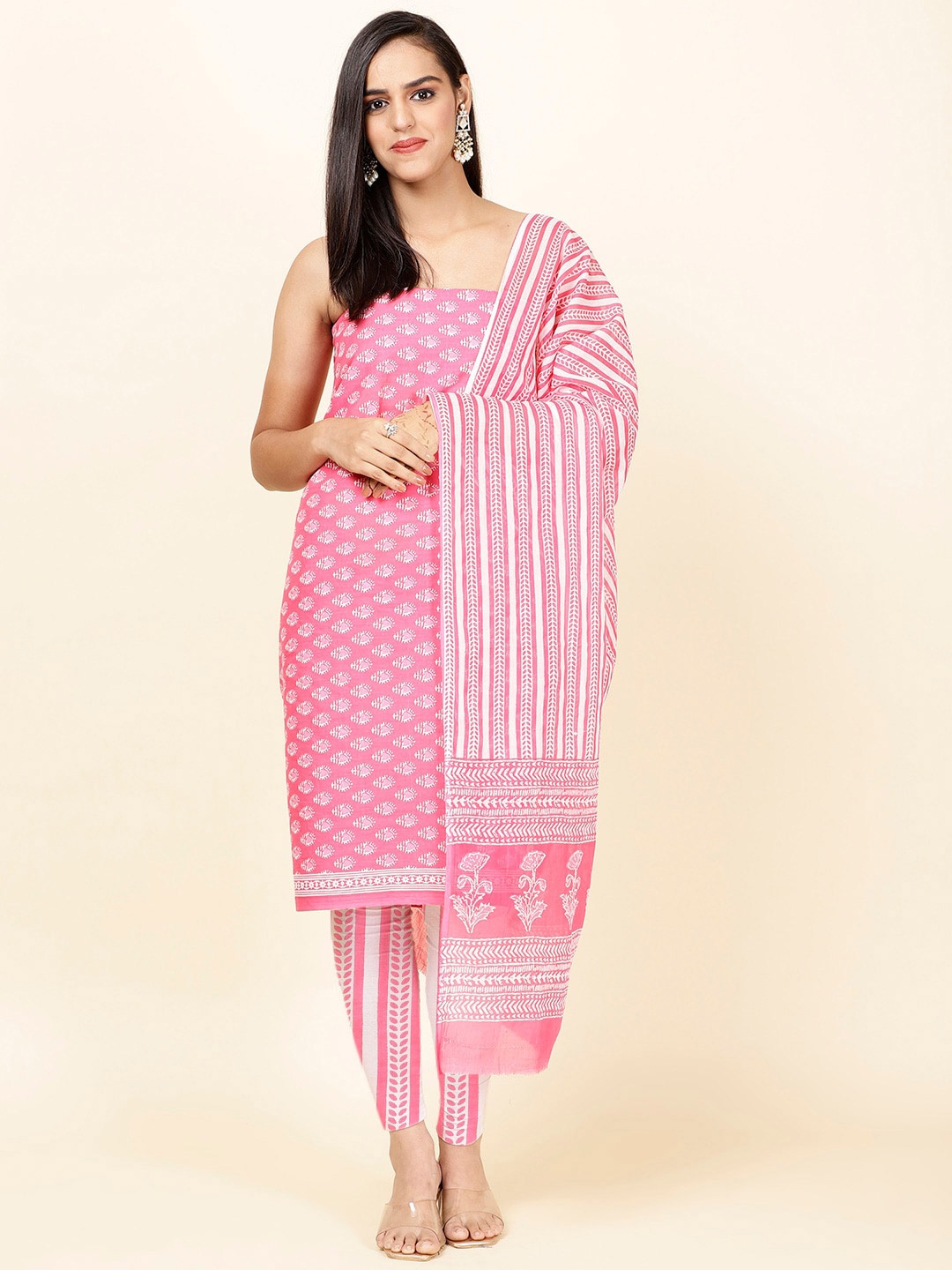 

Meena Bazaar Ethnic Motifs Printed Unstitched Dress Material, Pink