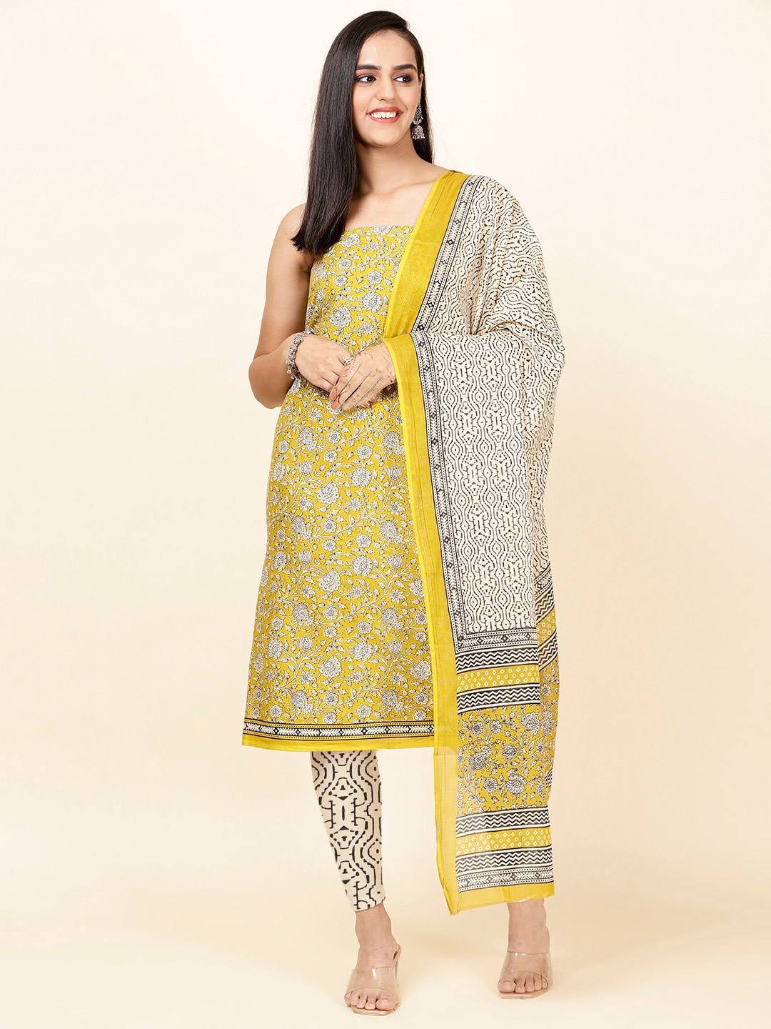 

Meena Bazaar Floral Printed Unstitched Dress Material, Mustard