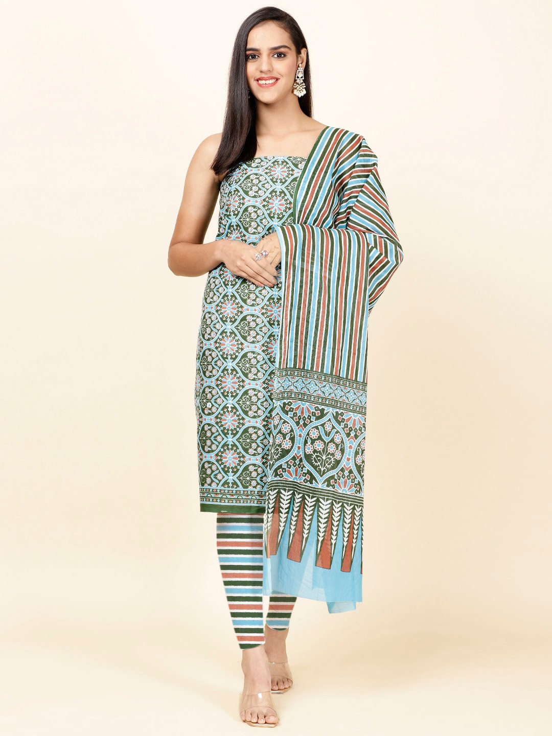 

Meena Bazaar Ethnic Motifs Printed Unstitched Dress Material, Sea green