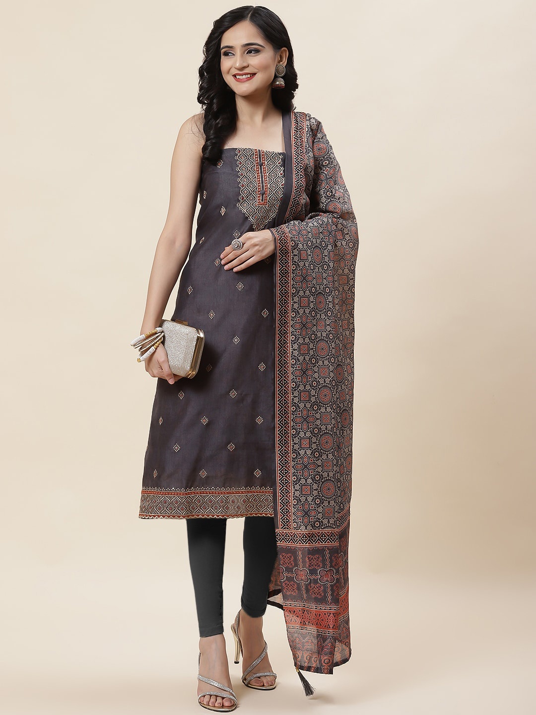 

Meena Bazaar Ethnic Motifs Embroidered Sequinned Unstitched Dress Material, Grey