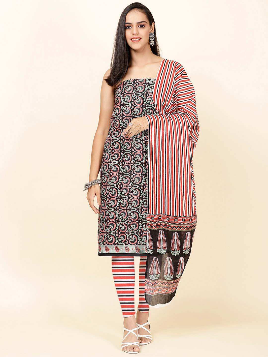 

Meena Bazaar Ethnic Motifs Printed Unstitched Dress Material, Black